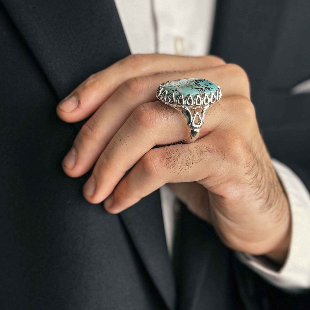 Price and Buy Persian Neyshabur Turquoise Silver Ring for Men Handcrafted AM_4806 - Image 3