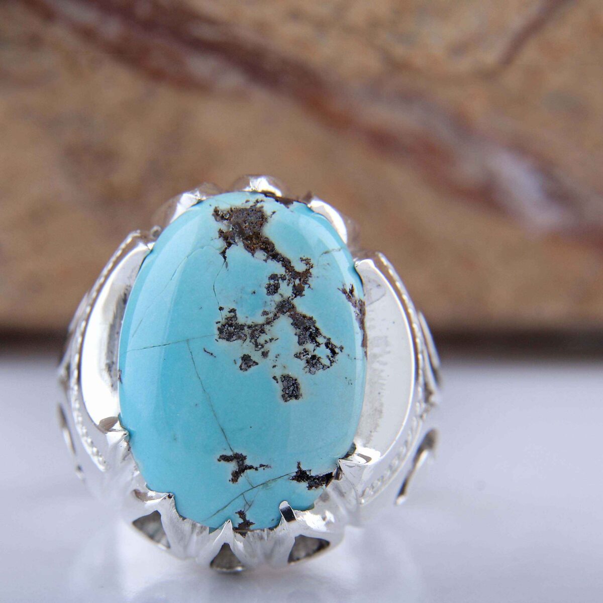 Price and Buy Persian Neyshabur Turquoise Silver Ring for Men Handcrafted AM_4807 - Image 3