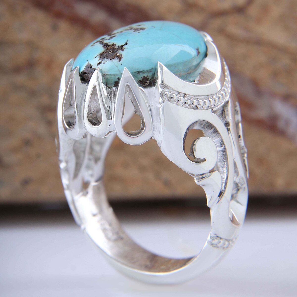 Price and Buy Persian Neyshabur Turquoise Silver Ring for Men Handcrafted AM_4807 - Image 6