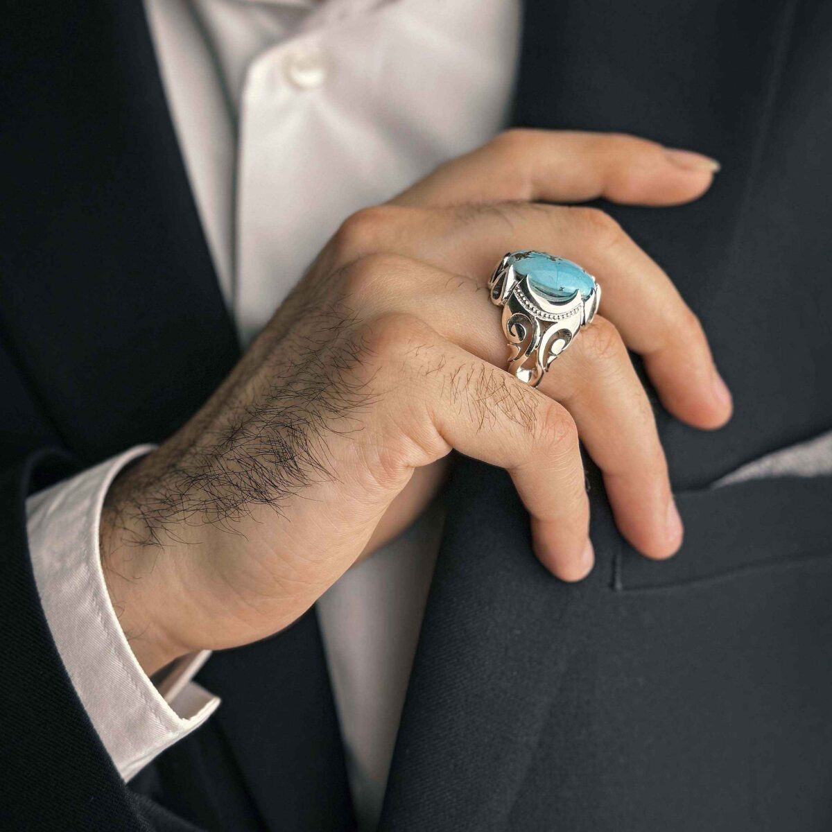 Price and Buy Persian Neyshabur Turquoise Silver Ring for Men Handcrafted AM_4807 - Image 7
