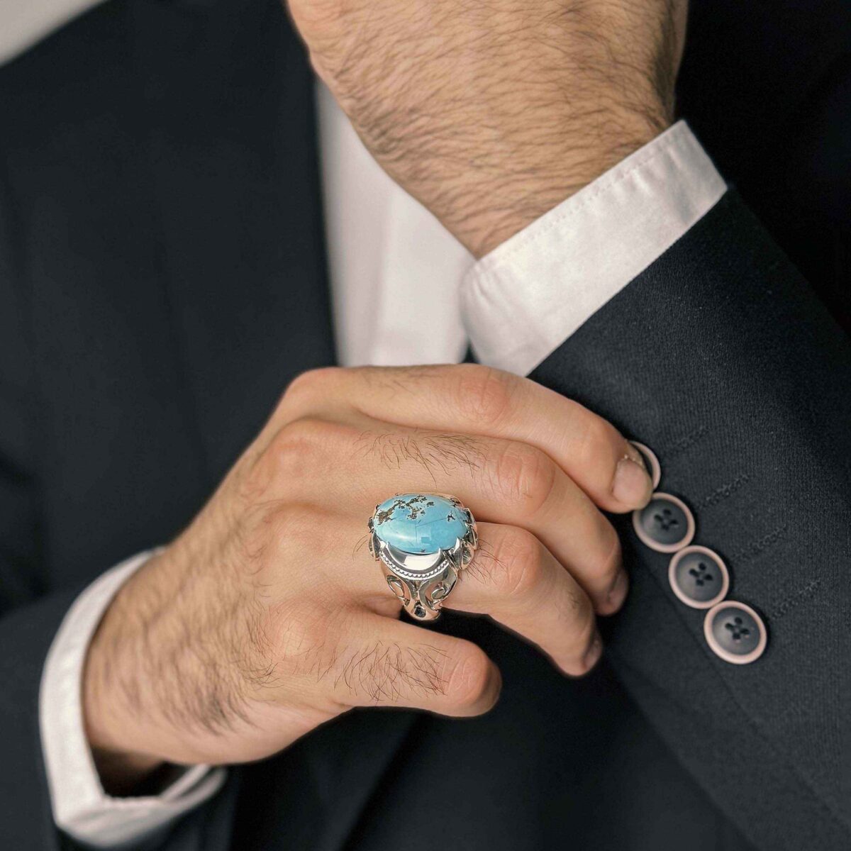 Price and Buy Persian Neyshabur Turquoise Silver Ring for Men Handcrafted AM_4807 - Image 9