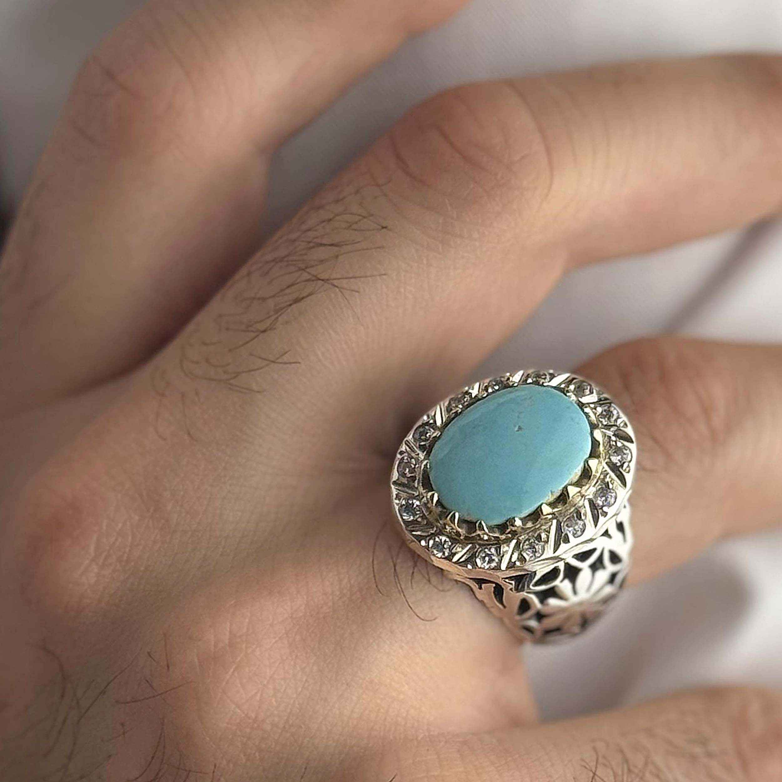 Price and Buy Persian Neyshabur Turquoise Silver Ring for Men Handcrafted - Image 4