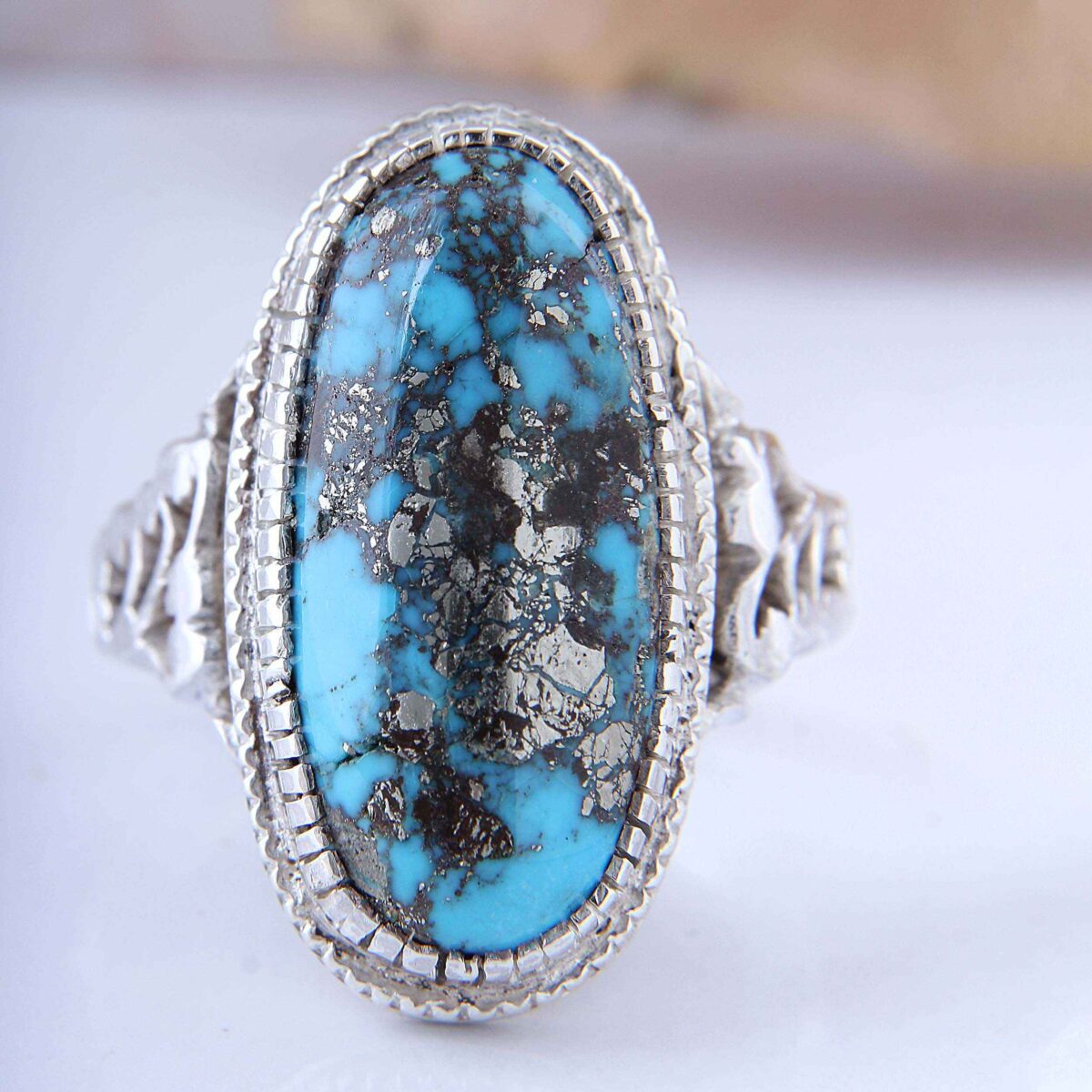 Price and Buy Persian Neyshabur Turquoise Silver Ring for Men Handcrafted - Image 3