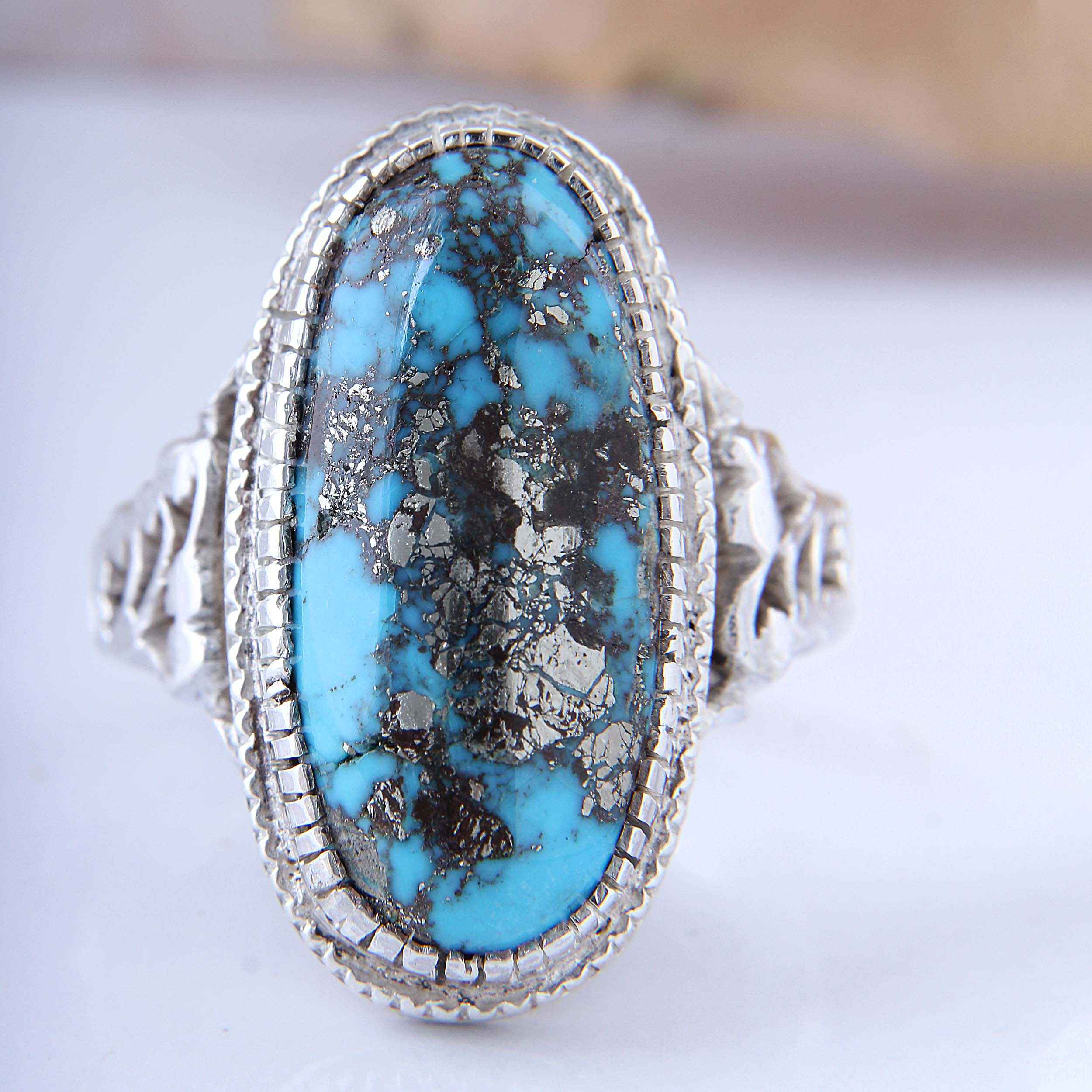 Price and Buy Persian Neyshabur Turquoise Silver Ring for Men Handcrafted - Image 3