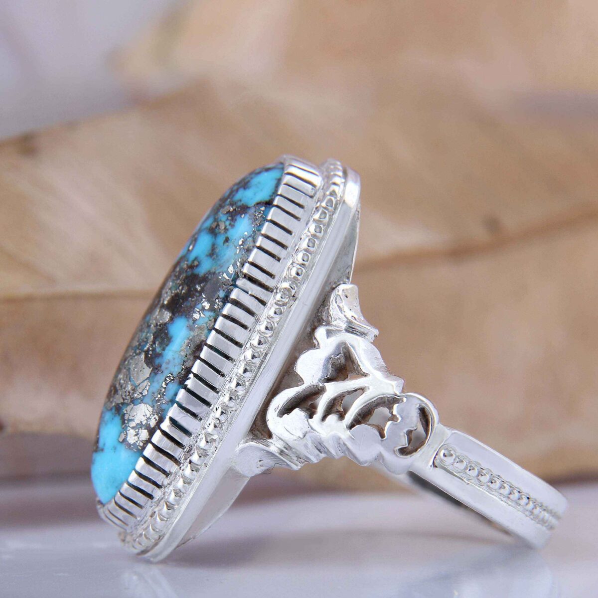 Price and Buy Persian Neyshabur Turquoise Silver Ring for Men Handcrafted - Image 4