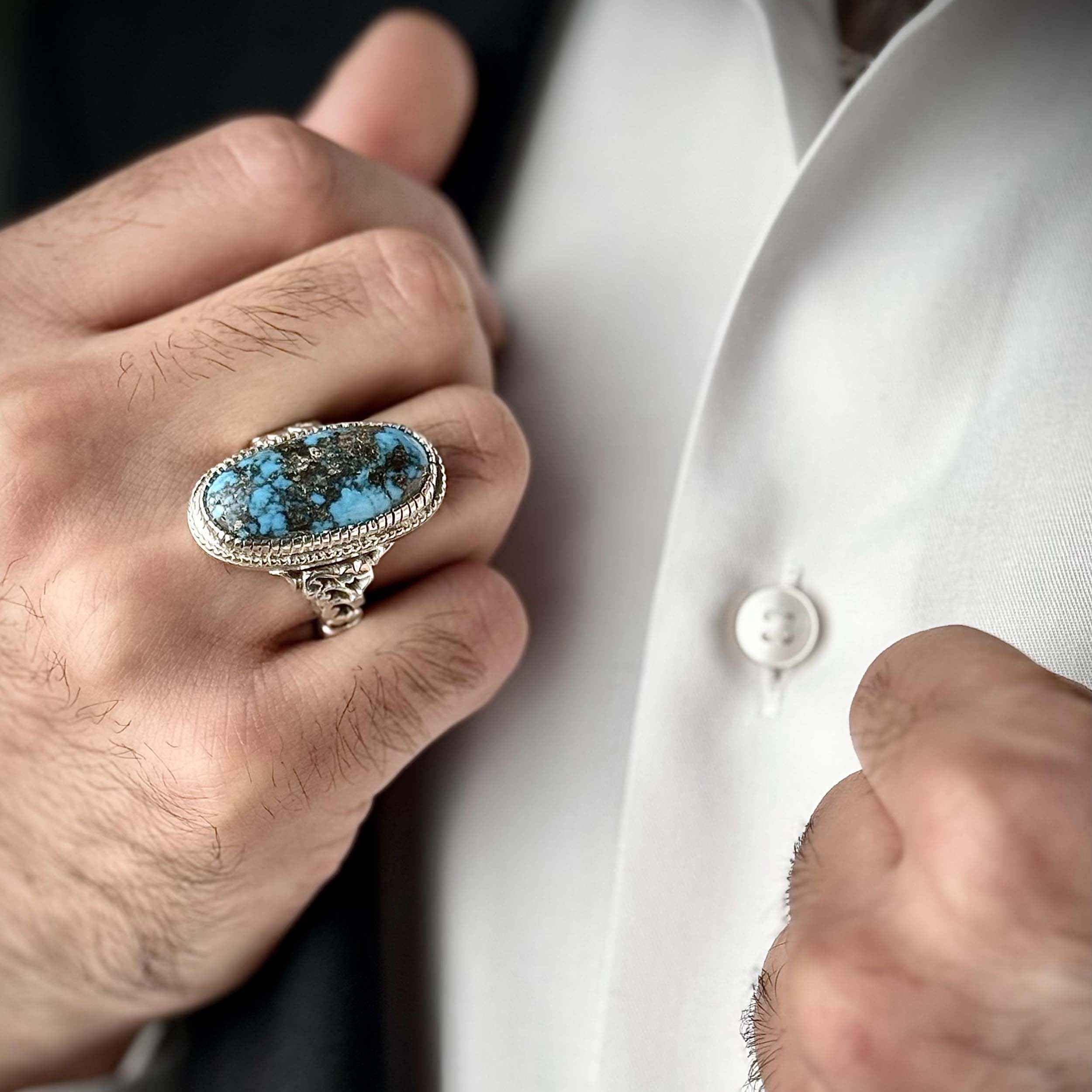 Price and Buy Persian Neyshabur Turquoise Silver Ring for Men Handcrafted - Image 5
