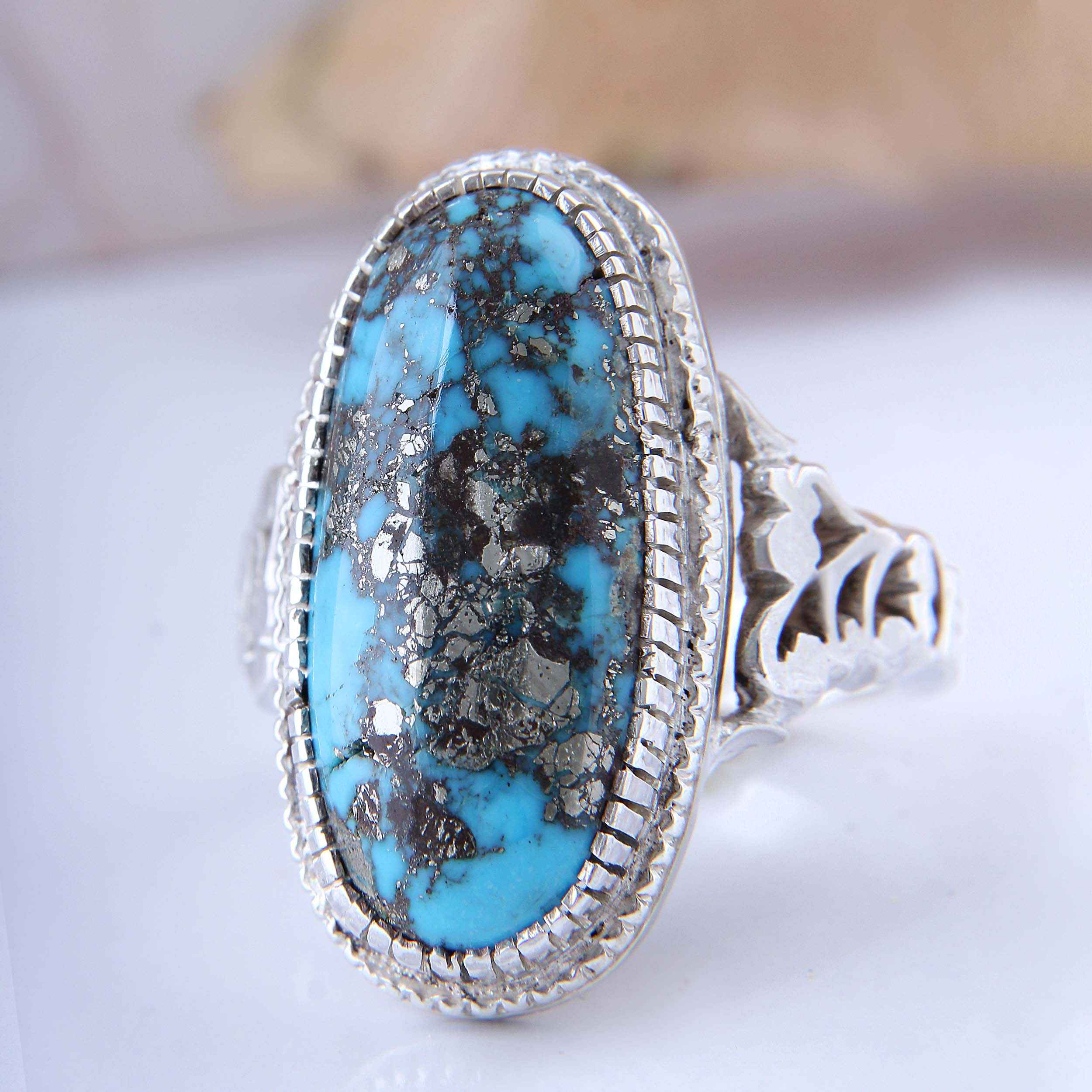 Price and Buy Persian Neyshabur Turquoise Silver Ring for Men Handcrafted - Image 6