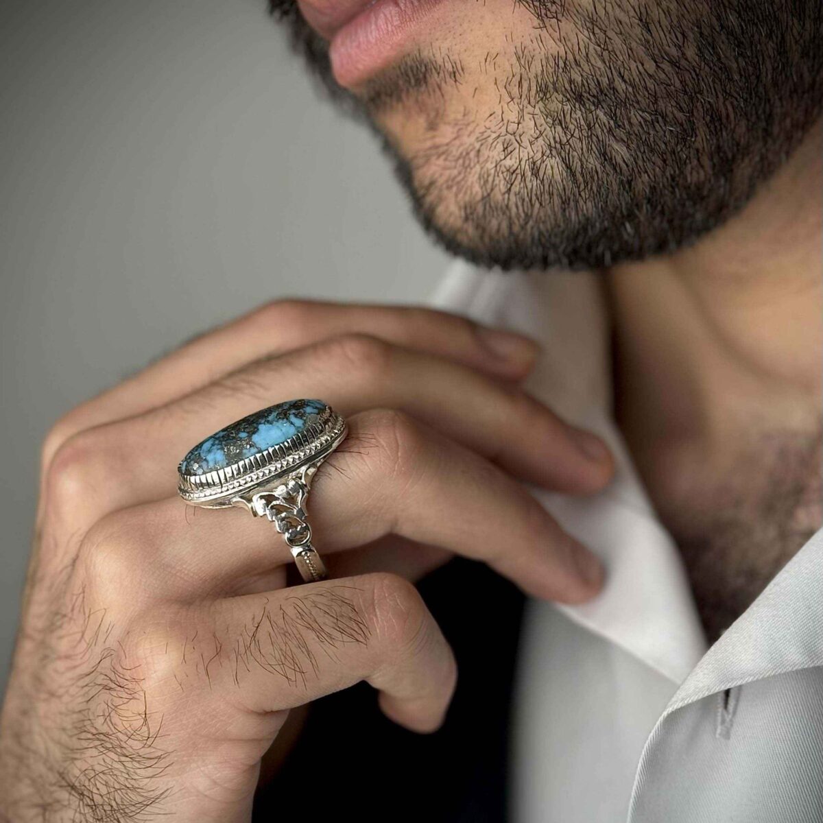 Price and Buy Persian Neyshabur Turquoise Silver Ring for Men Handcrafted - Image 7