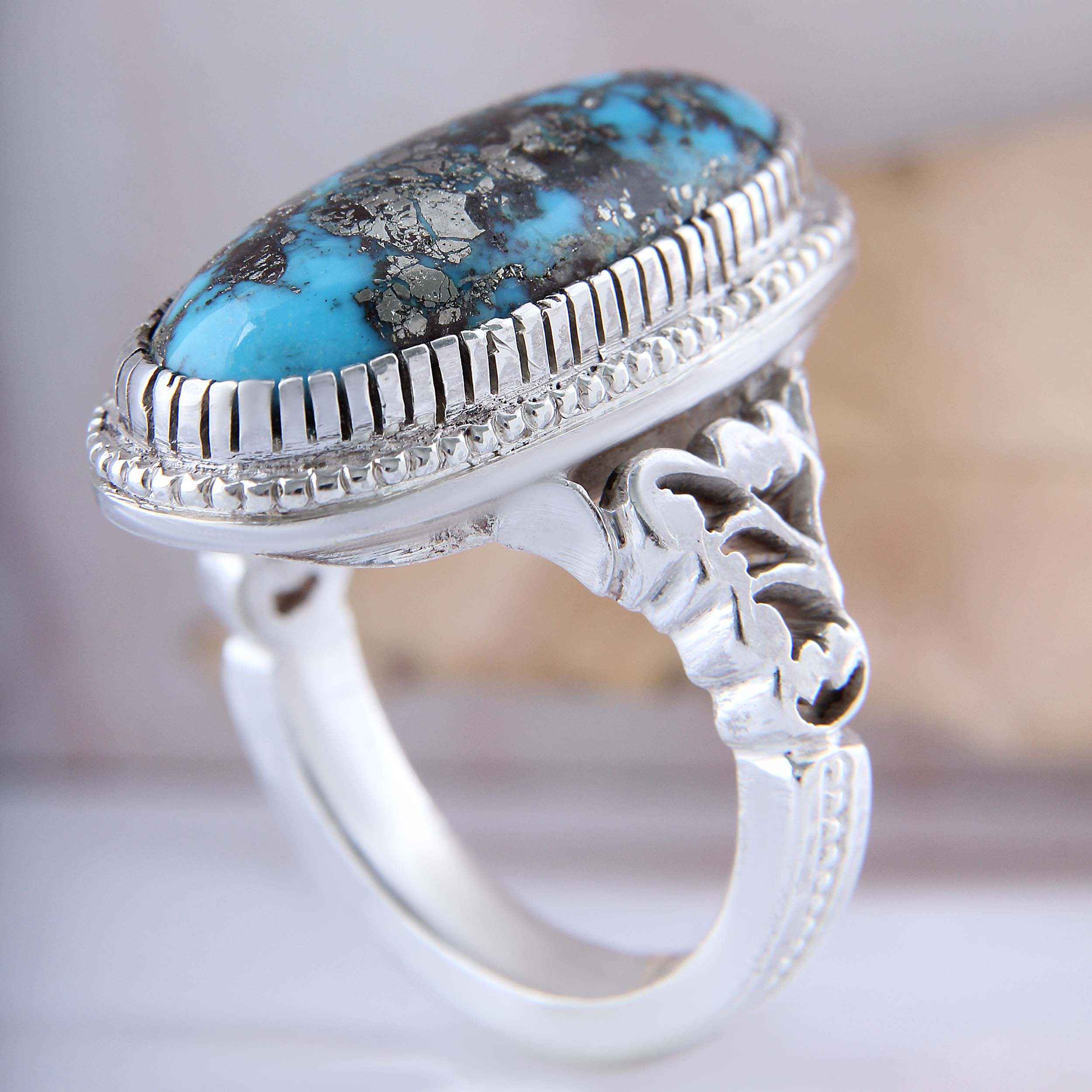 Price and Buy Persian Neyshabur Turquoise Silver Ring for Men Handcrafted - Image 9