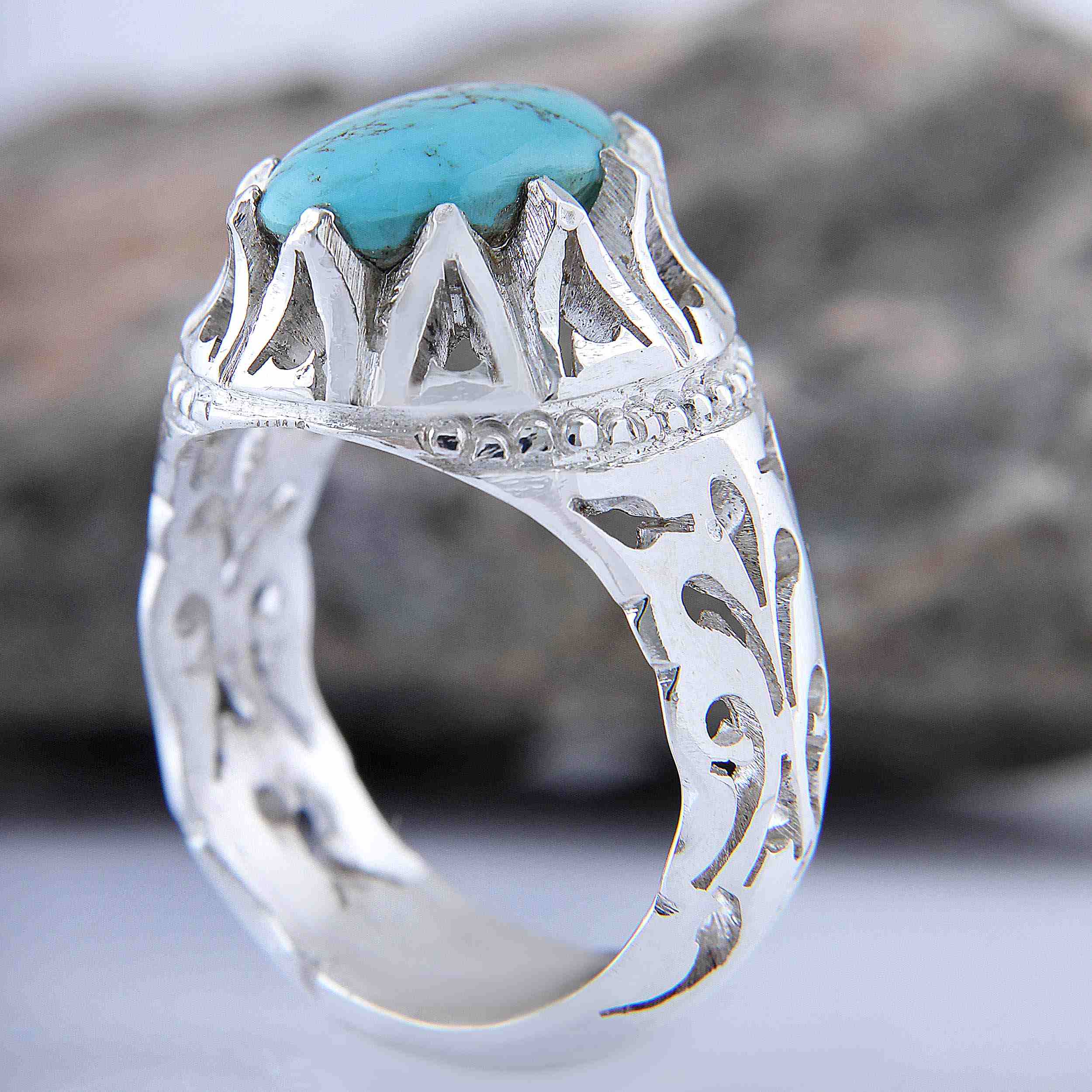 Price and Buy Persian Neyshabur Turquoise Silver Ring for Men Handcrafted - Image 4