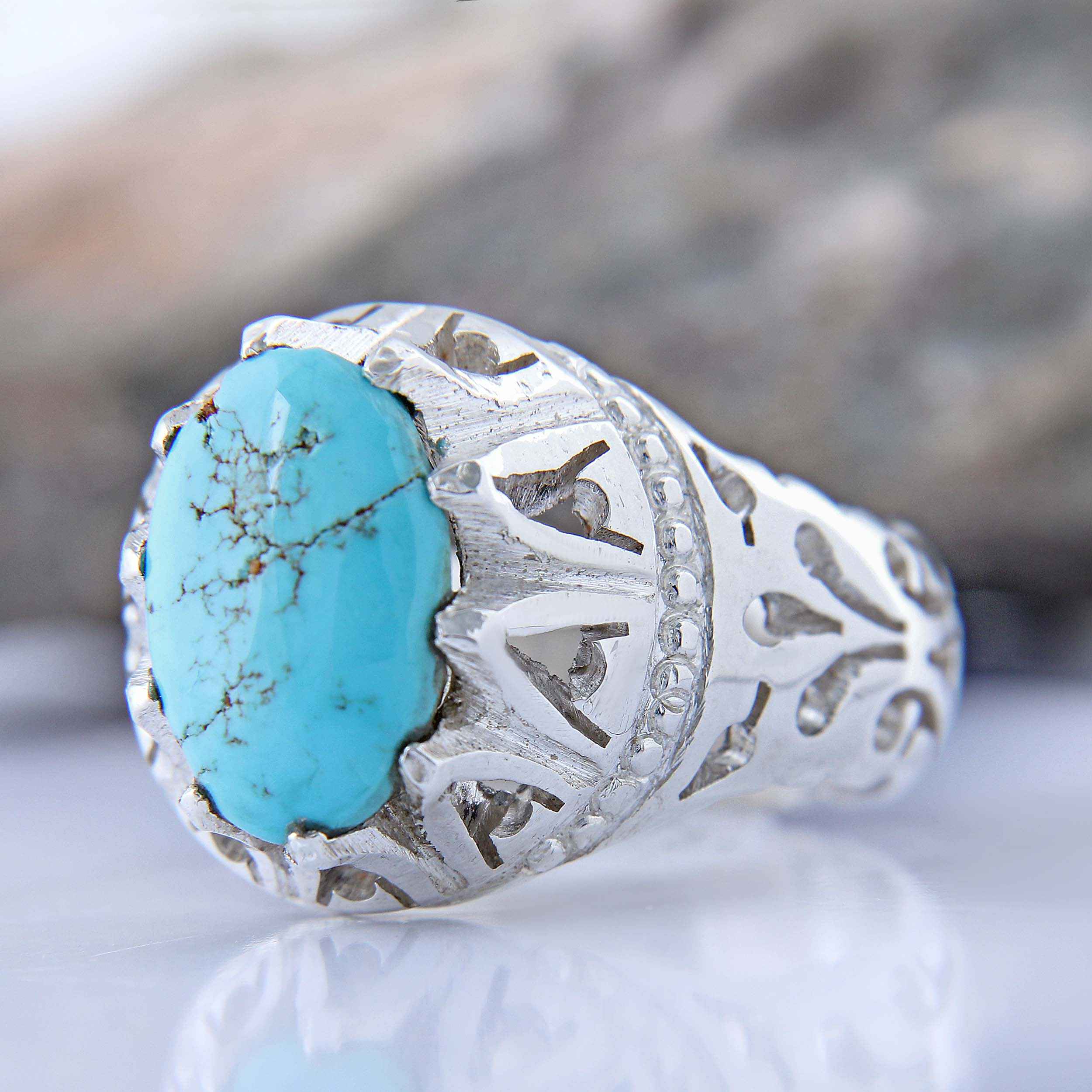 Price and Buy Persian Neyshabur Turquoise Silver Ring for Men Handcrafted - Image 6