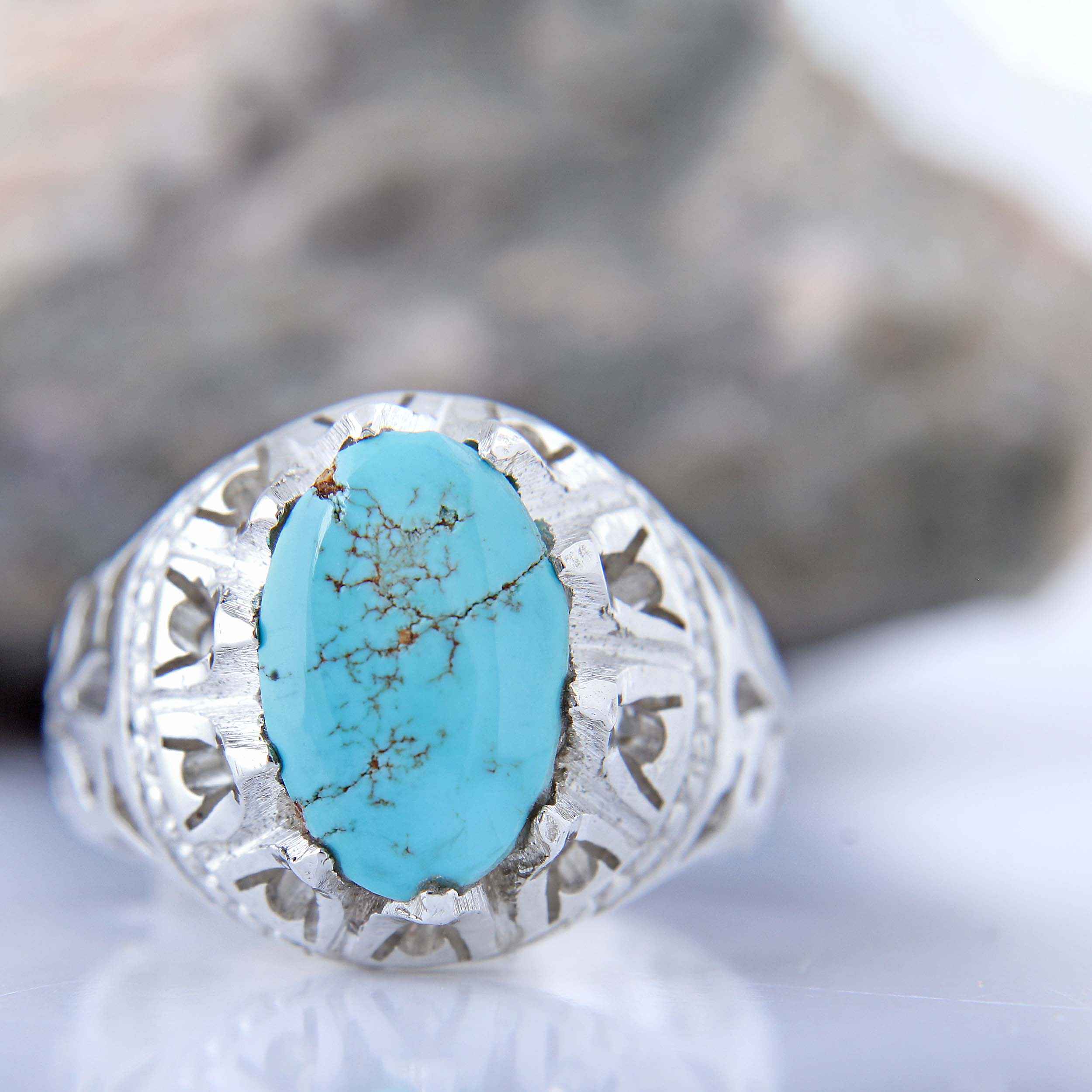 Price and Buy Persian Neyshabur Turquoise Silver Ring for Men Handcrafted - Image 7
