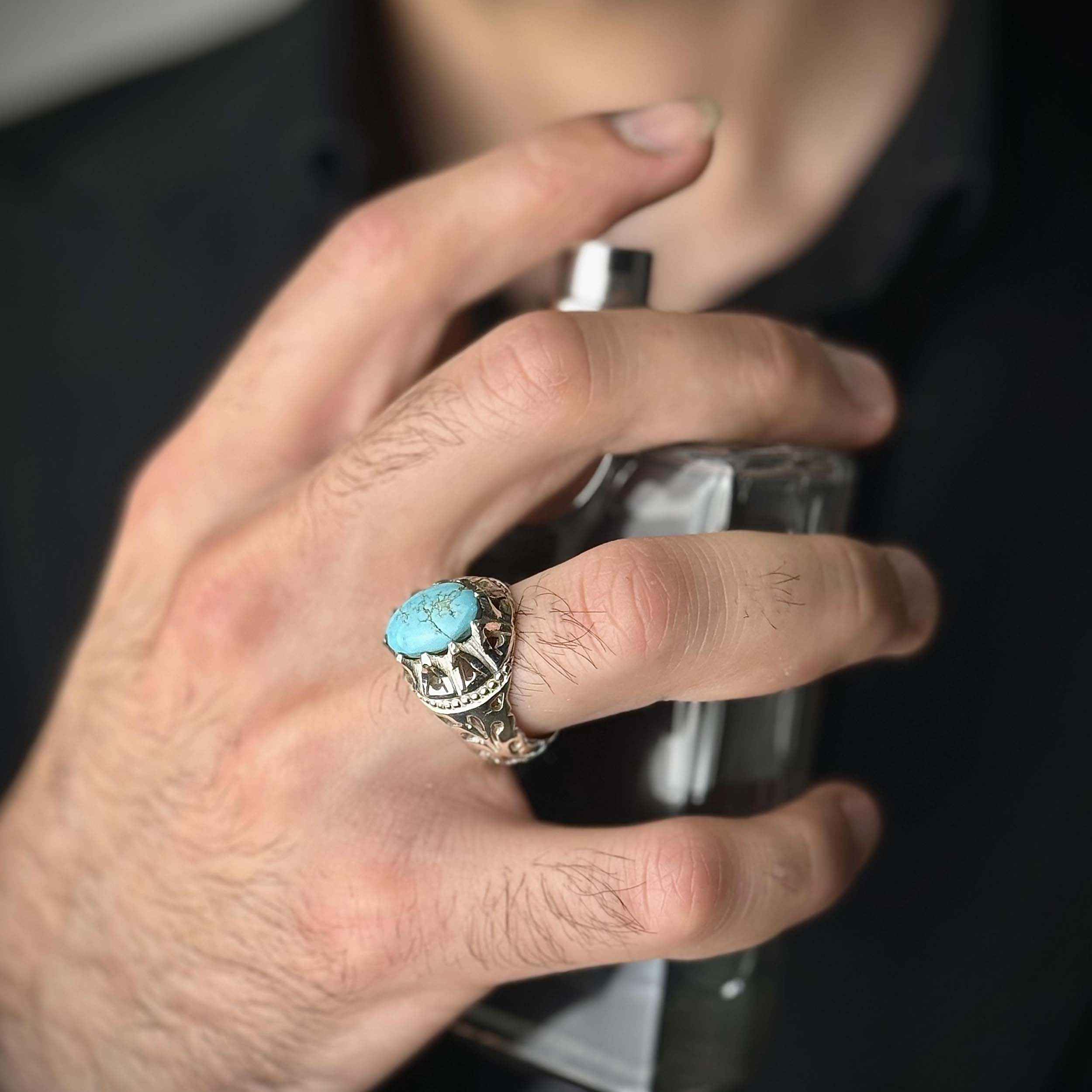 Price and Buy Persian Neyshabur Turquoise Silver Ring for Men Handcrafted - Image 8