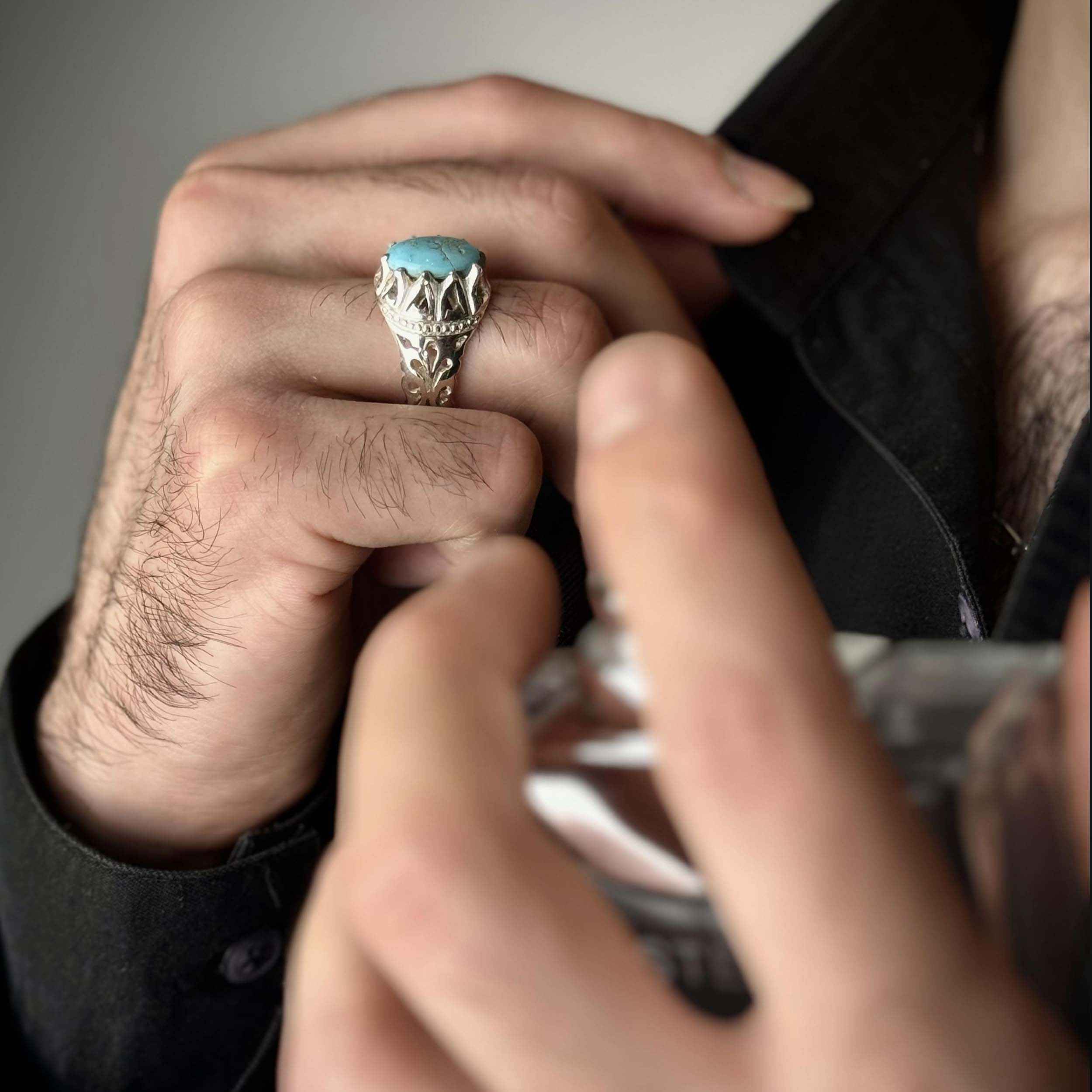 Price and Buy Persian Neyshabur Turquoise Silver Ring for Men Handcrafted - Image 9
