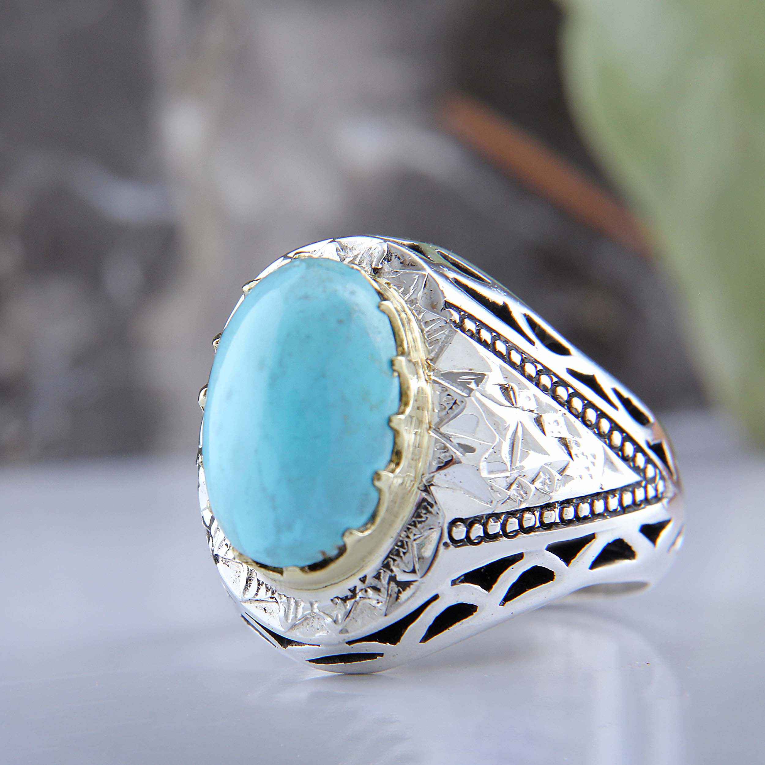 Price and Buy Persian Neyshabur Turquoise Silver Ring for Men Model Mirror Inlay - Image 4