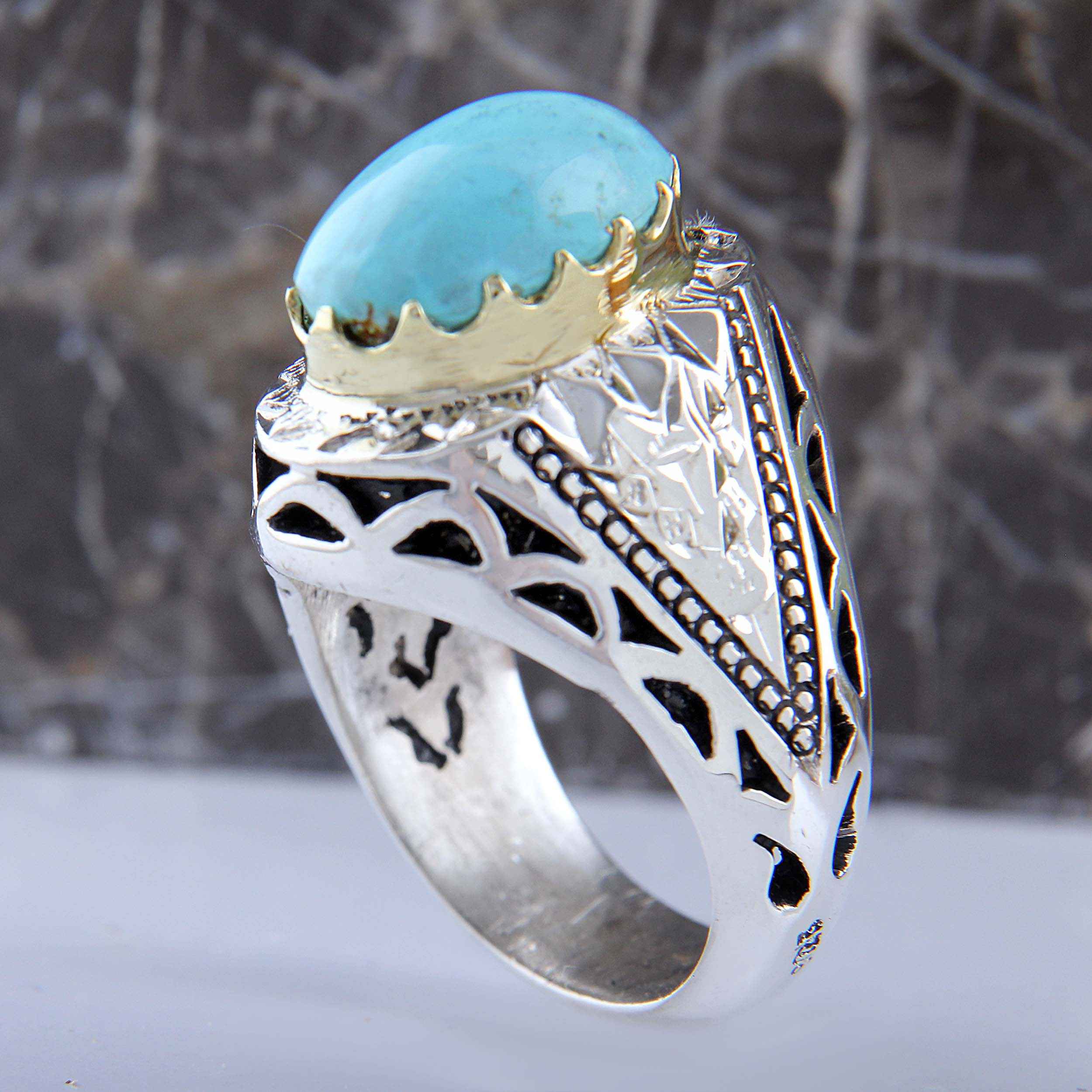 Price and Buy Persian Neyshabur Turquoise Silver Ring for Men Model Mirror Inlay - Image 5