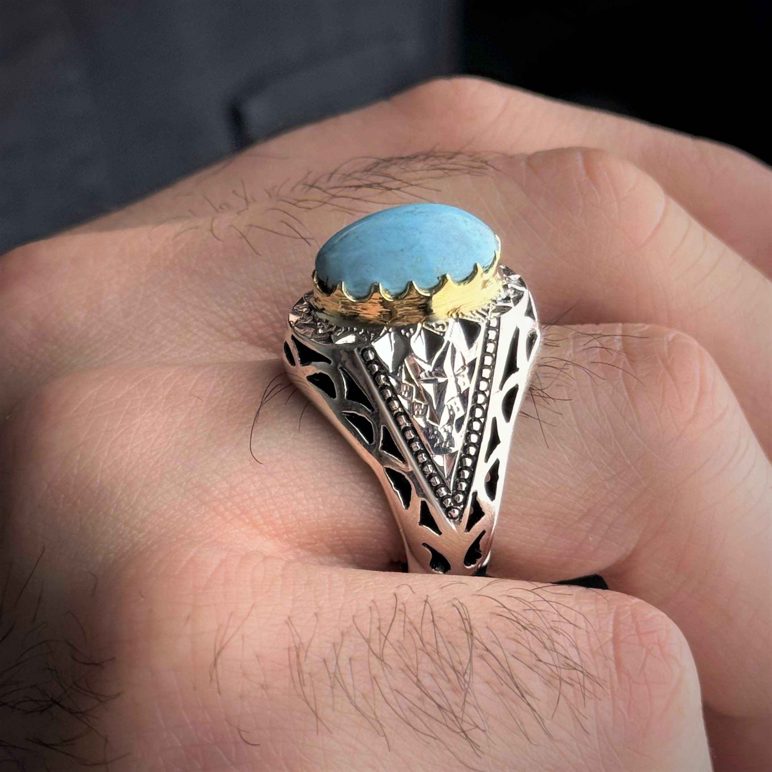 Price and Buy Persian Neyshabur Turquoise Silver Ring for Men Model Mirror Inlay - Image 6