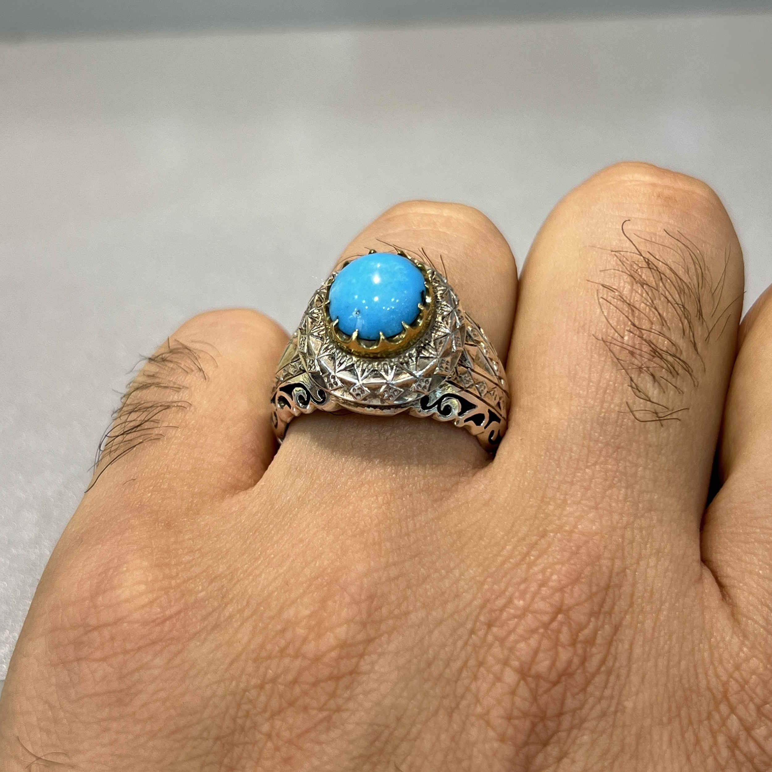 Price and Buy Persian Neyshabur Turquoise Silver Ring for Men Model Mirror Work - Image 4