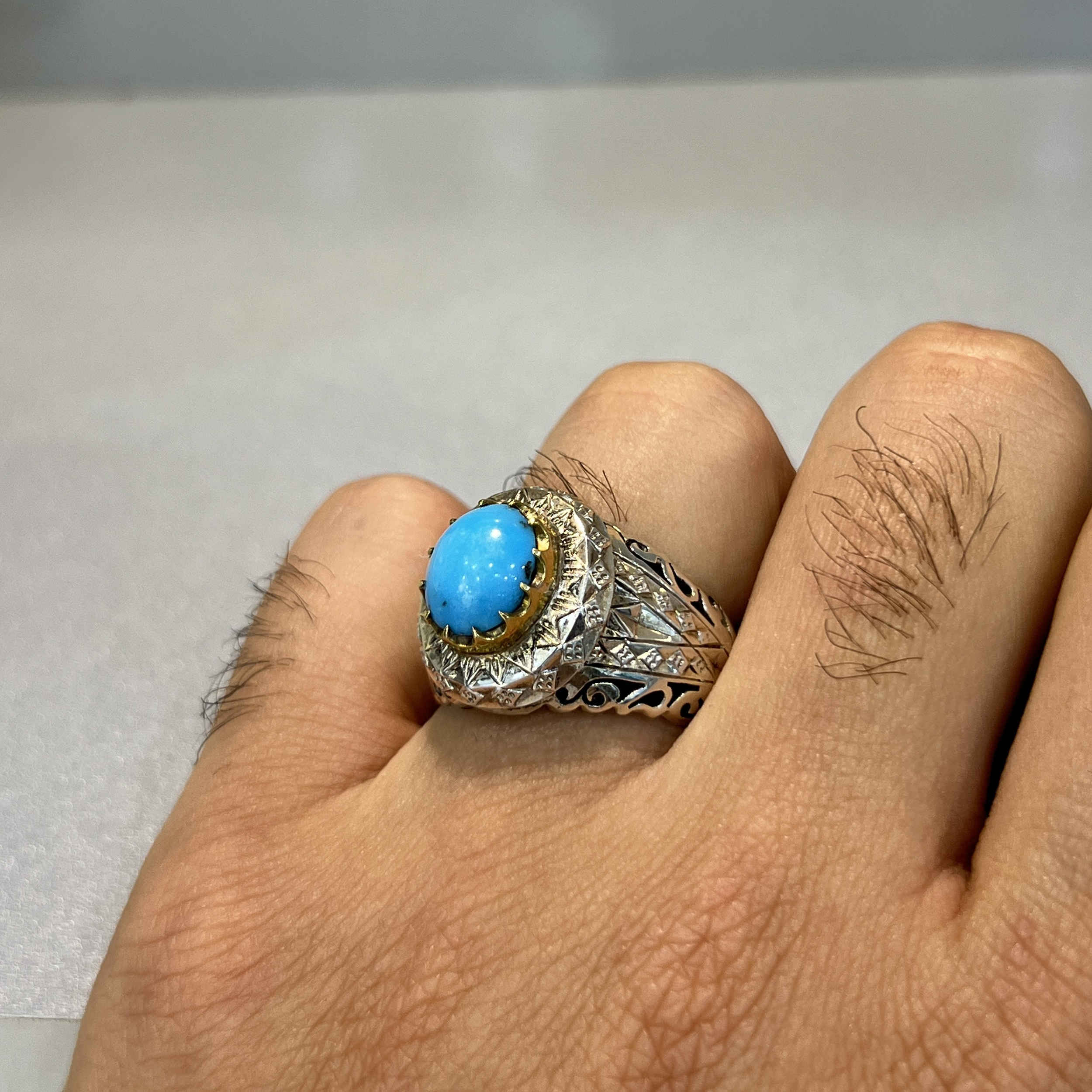 Price and Buy Persian Neyshabur Turquoise Silver Ring for Men Model Mirror Work - Image 9