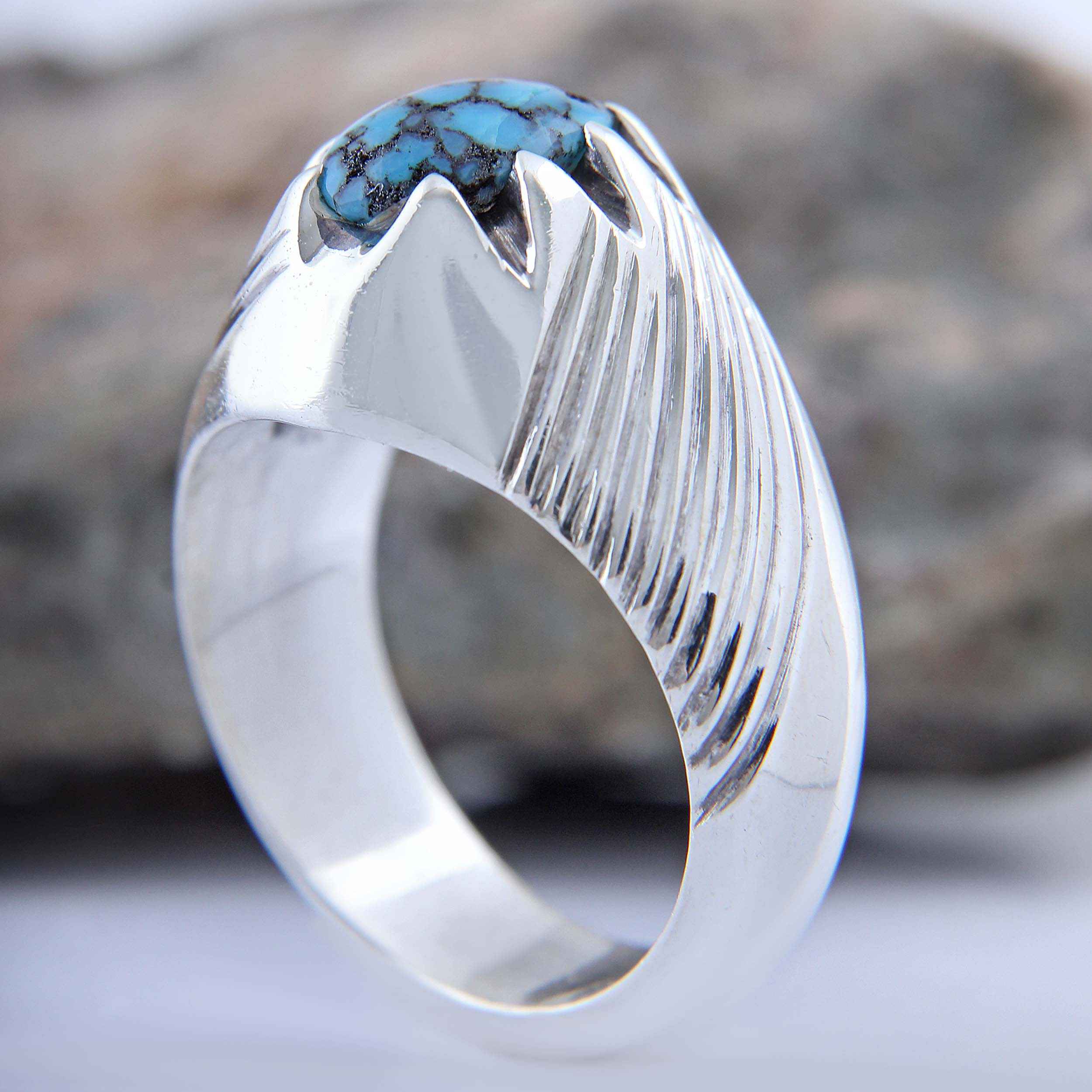 Price and Buy Persian Neyshabur Turquoise Silver Ring for Men Model Striped - Image 3