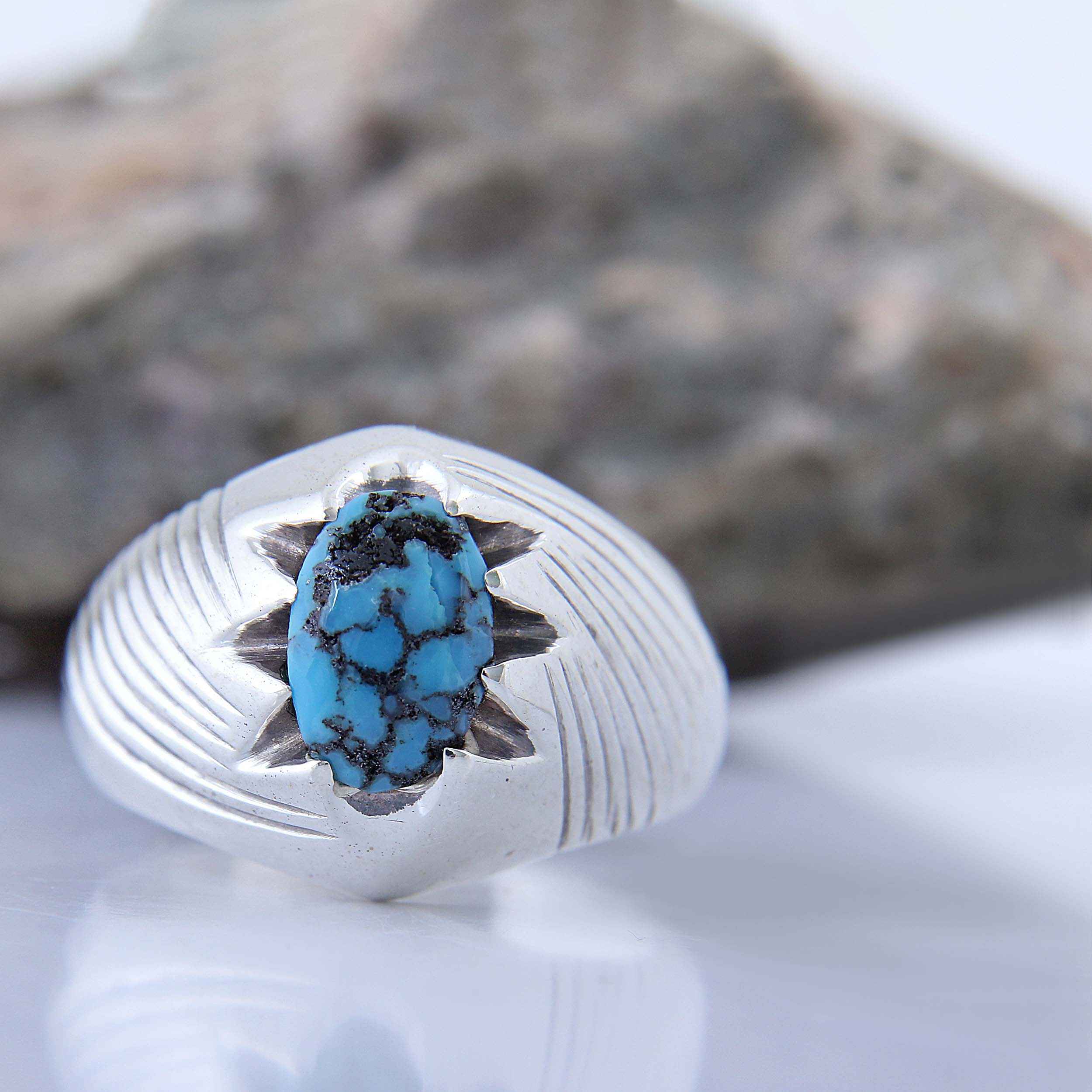Price and Buy Persian Neyshabur Turquoise Silver Ring for Men Model Striped - Image 4