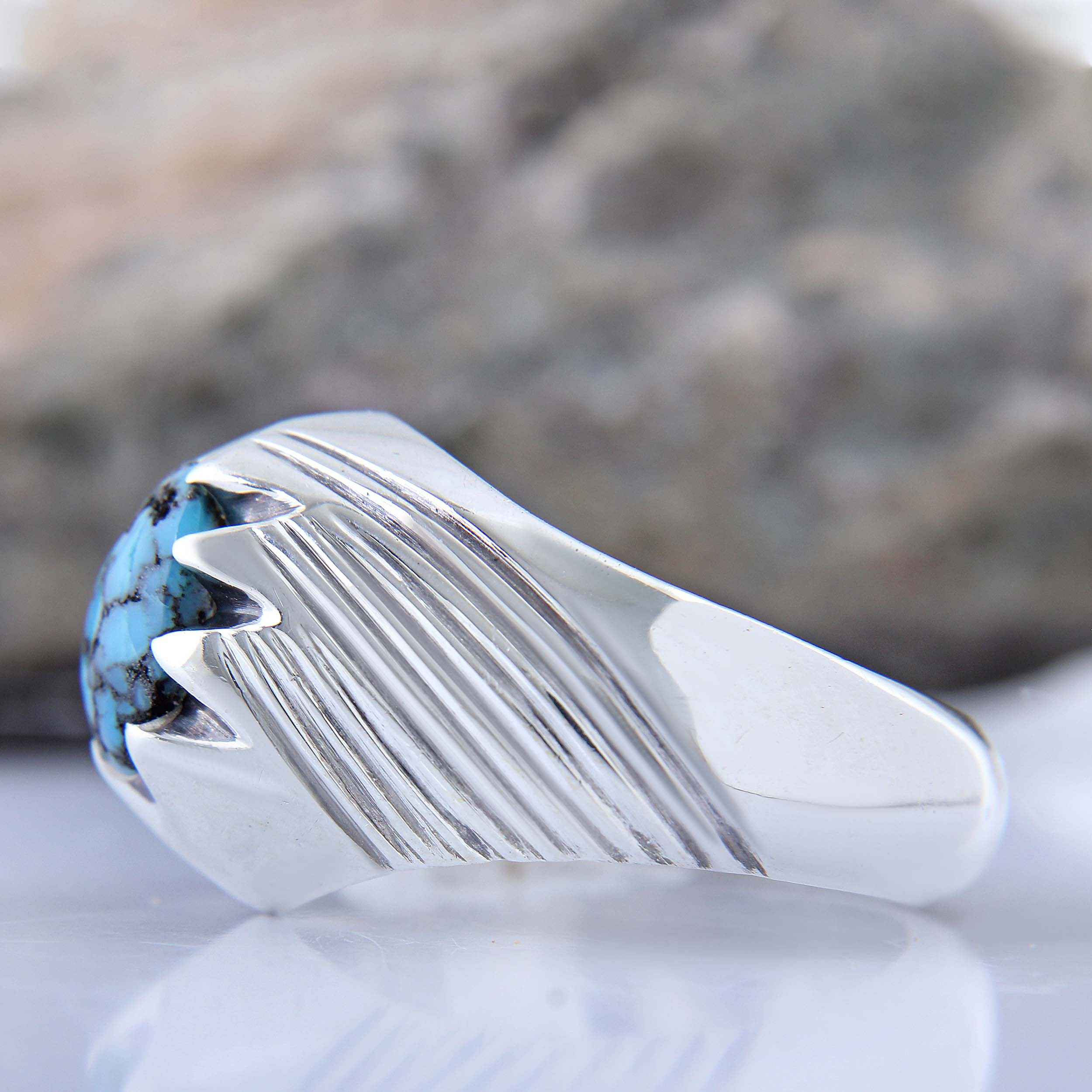 Price and Buy Persian Neyshabur Turquoise Silver Ring for Men Model Striped - Image 5