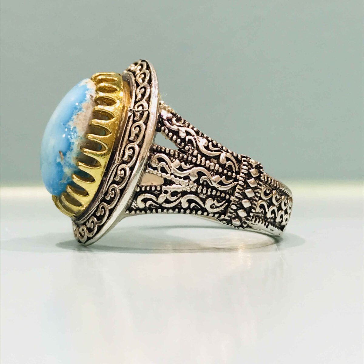Price and Buy Persian Neyshabur Turquoise Silver Ring Handcrafted for Men Engraved - Image 3