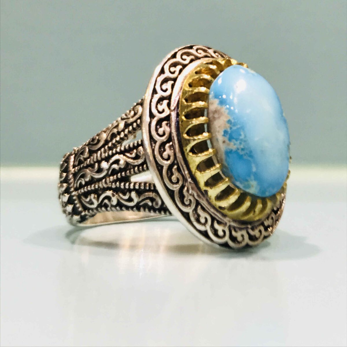 Price and Buy Persian Neyshabur Turquoise Silver Ring Handcrafted for Men Engraved - Image 4