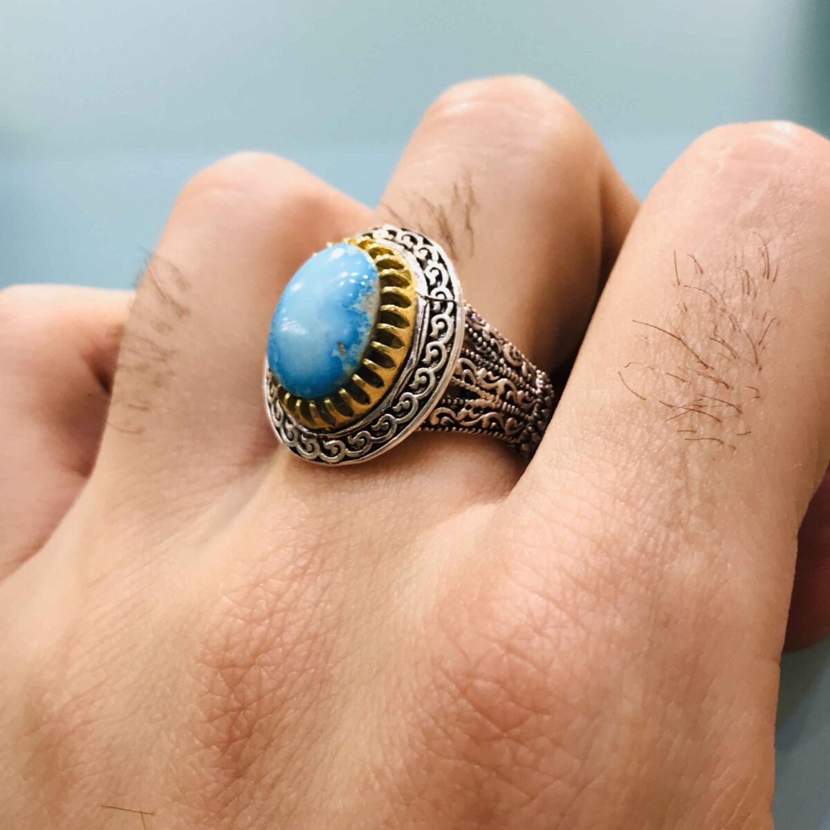 Price and Buy Persian Neyshabur Turquoise Silver Ring Handcrafted for Men Engraved - Image 5