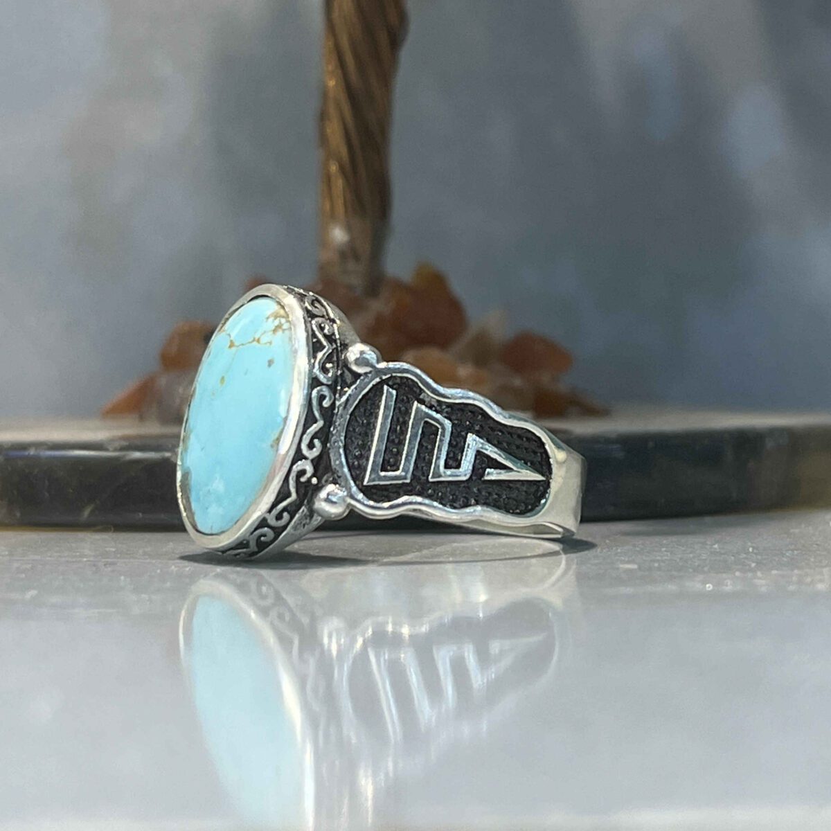 Price and Buy Persian Neyshabur Turquoise Silver Ring Handcrafted for Men - Image 3