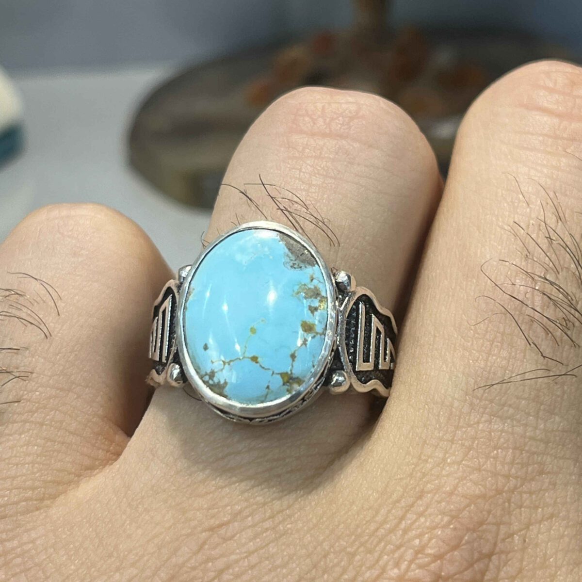 Price and Buy Persian Neyshabur Turquoise Silver Ring Handcrafted for Men - Image 6