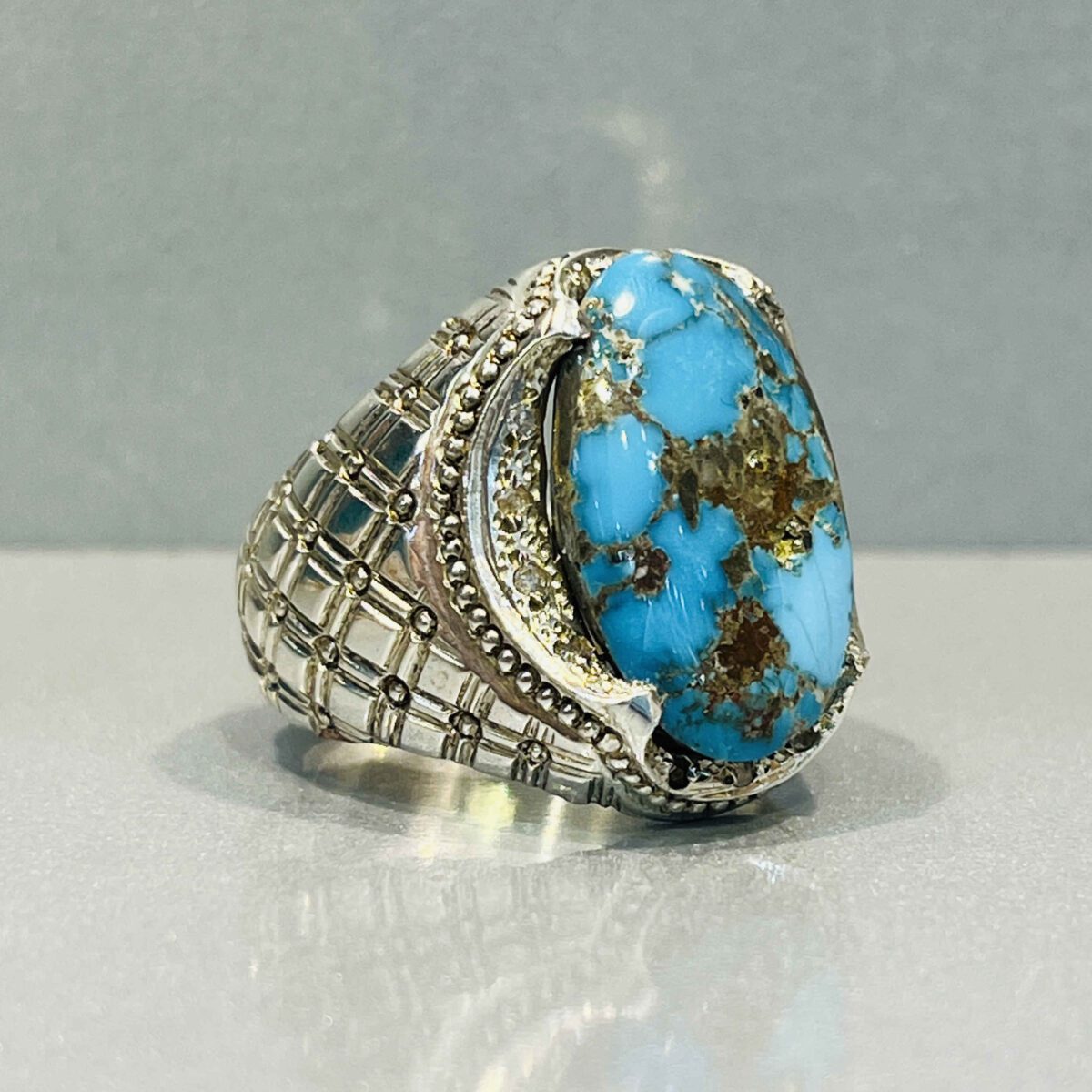 Price and Buy Persian Neyshabur Turquoise Silver Ring Handcrafted for Men - Image 3