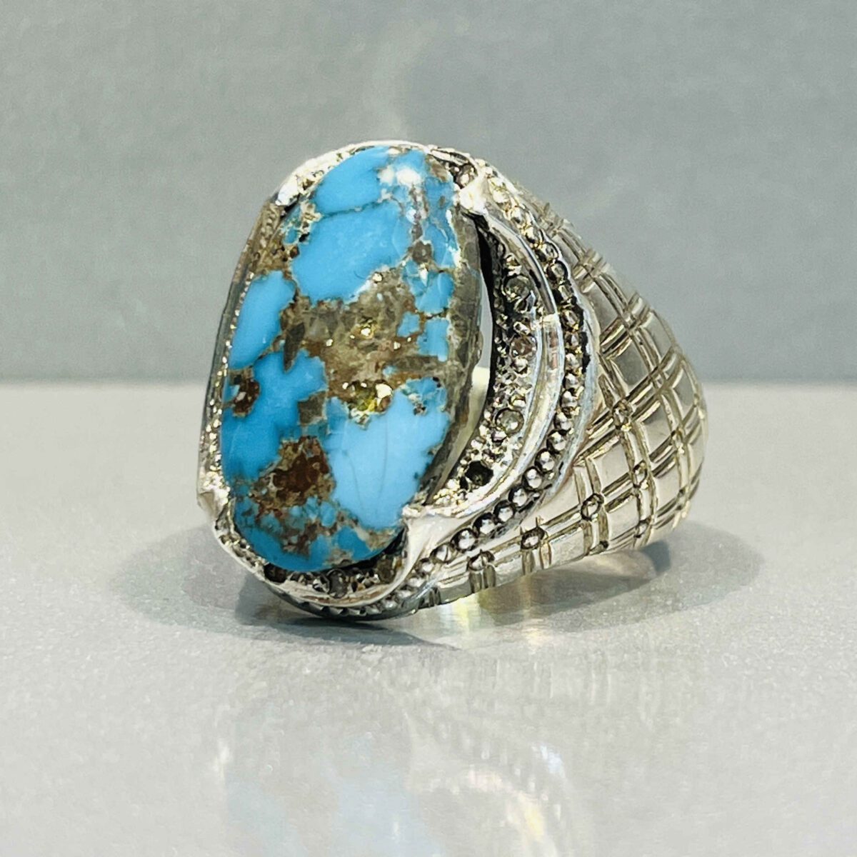 Price and Buy Persian Neyshabur Turquoise Silver Ring Handcrafted for Men - Image 4