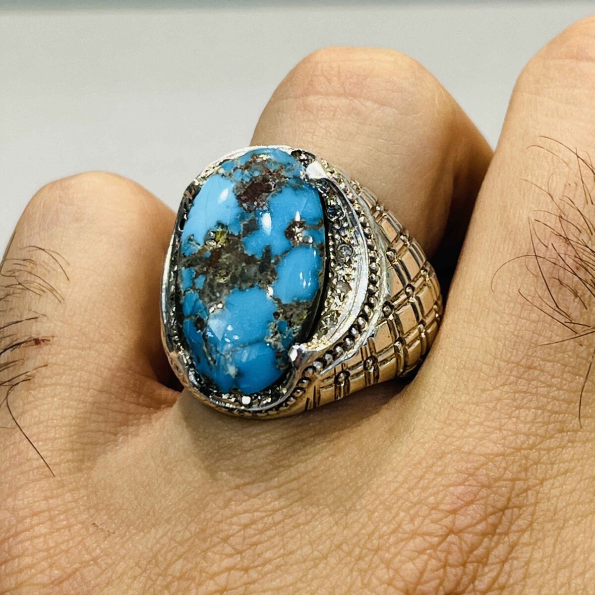 Price and Buy Persian Neyshabur Turquoise Silver Ring Handcrafted for Men - Image 5