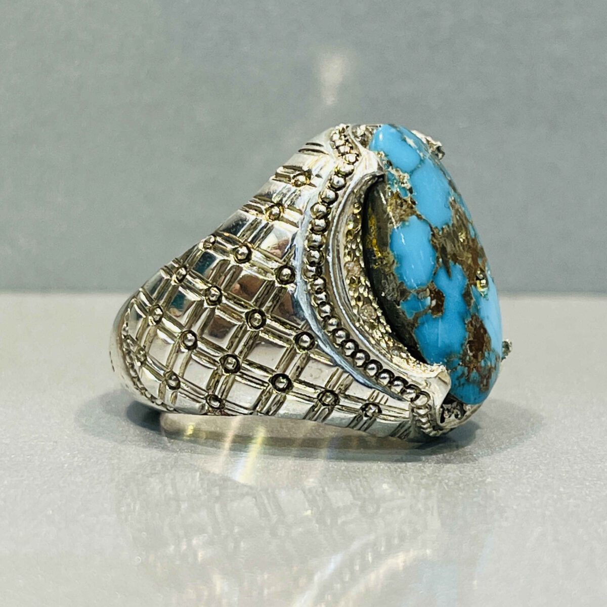 Price and Buy Persian Neyshabur Turquoise Silver Ring Handcrafted for Men - Image 6