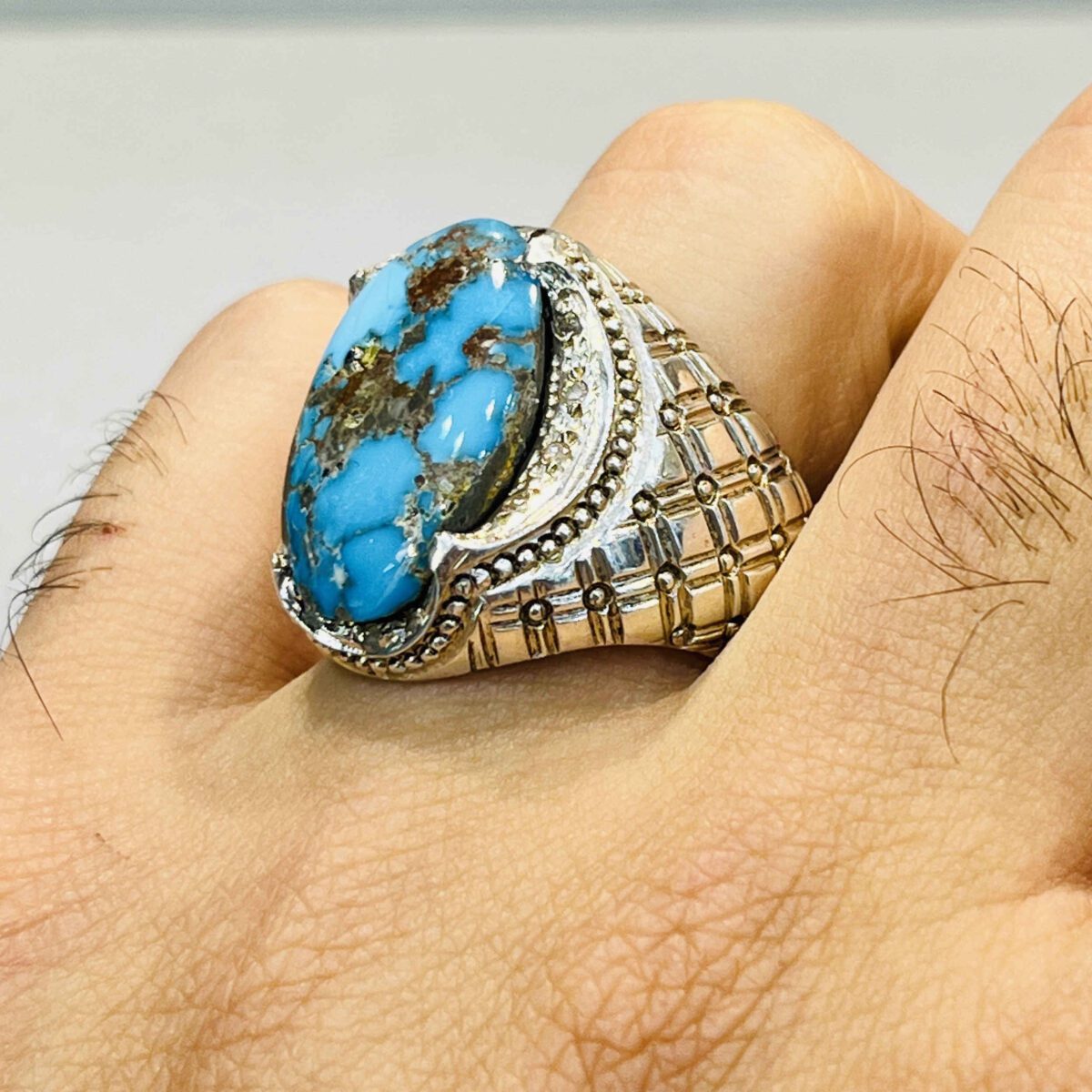 Price and Buy Persian Neyshabur Turquoise Silver Ring Handcrafted for Men - Image 9