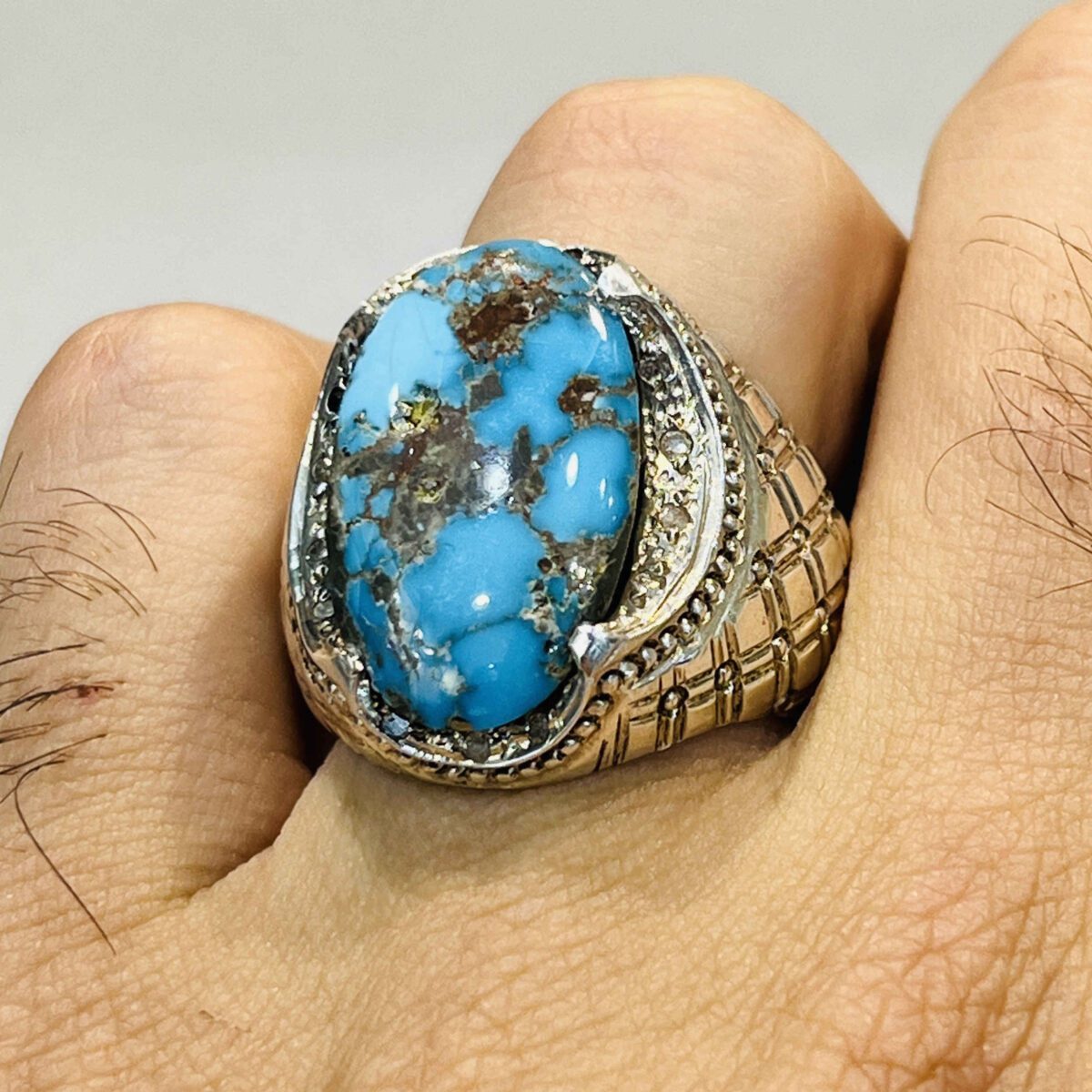 Price and Buy Persian Neyshabur Turquoise Silver Ring Handcrafted for Men - Image 10