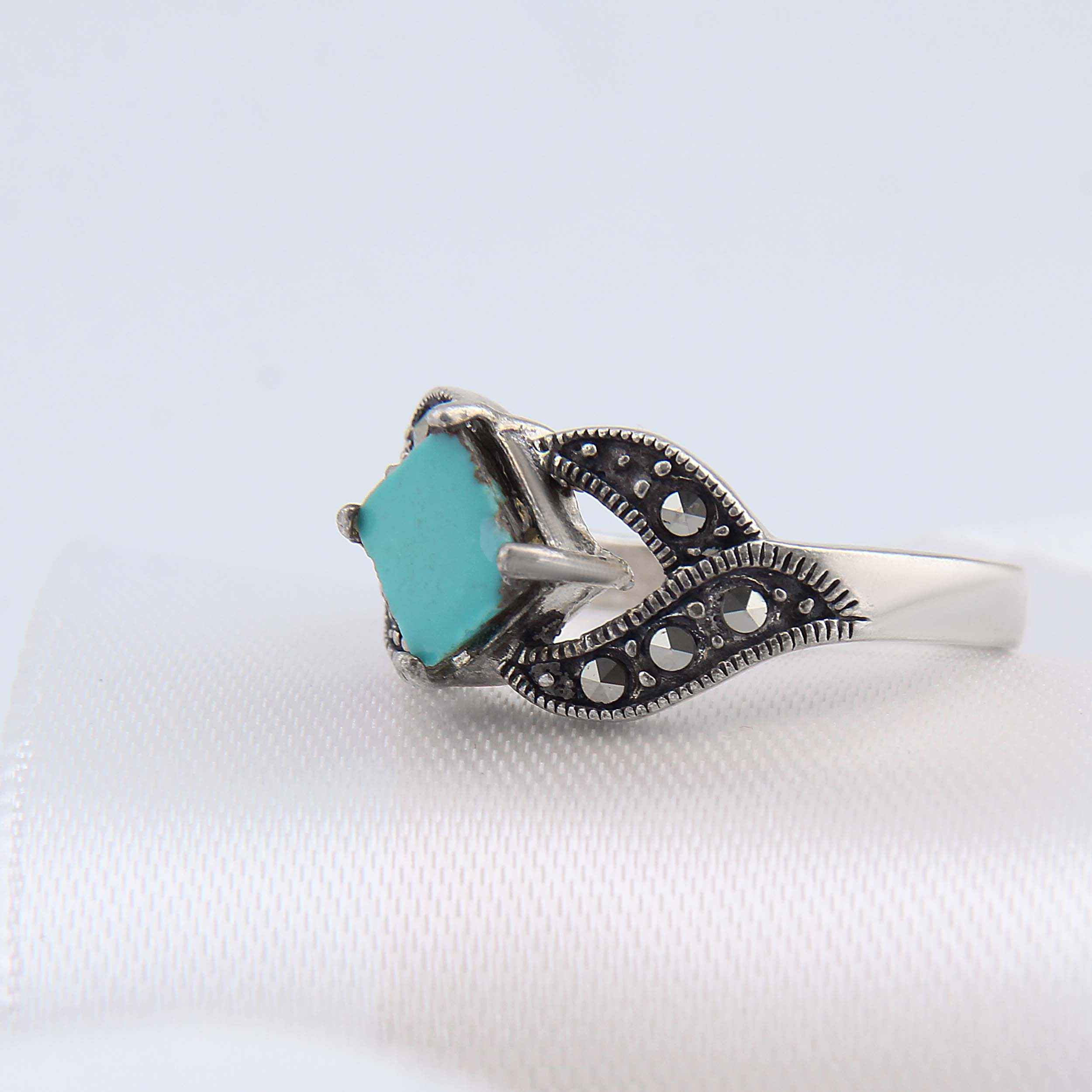 Price and Buy Persian Neyshabur Turquoise Silver Ring Handcrafted for Women Rhodium Plated - Image 6