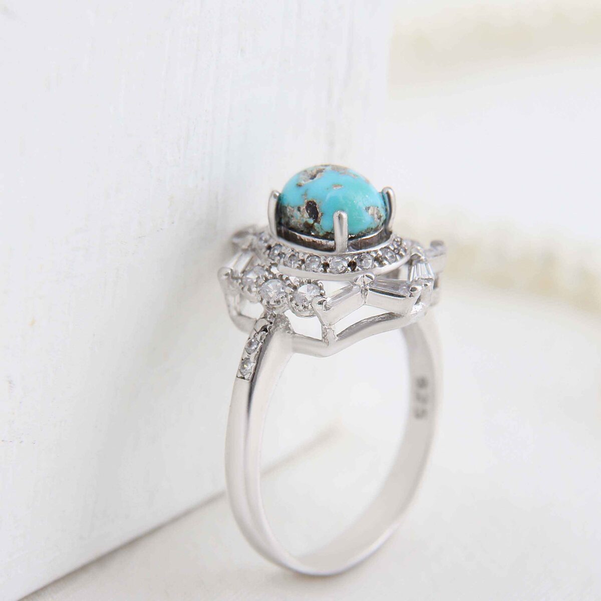 Price and Buy Persian Neyshabur Turquoise Silver Ring Handcrafted Rhodium Plated - Image 4