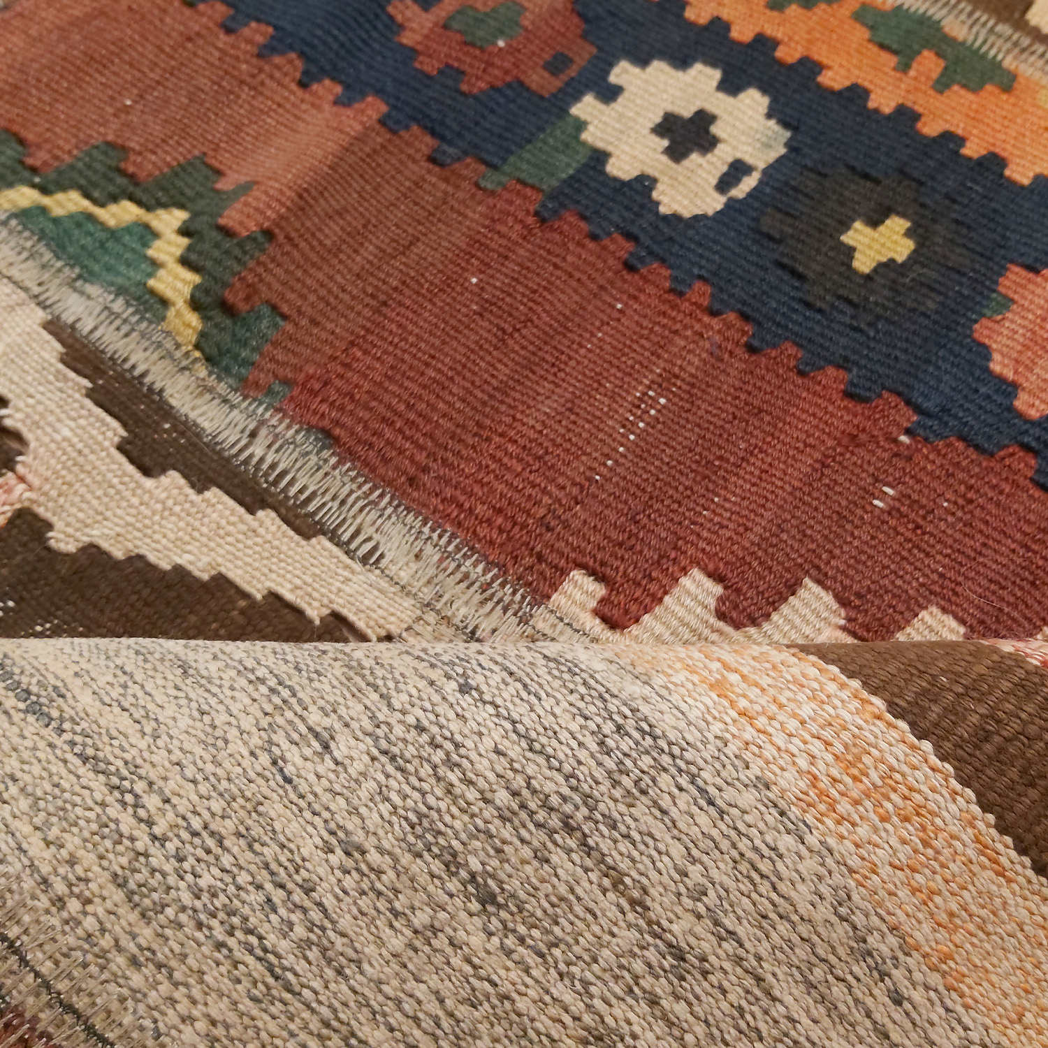 Price and Buy Persian Patchwork Kilim Rug Handwoven Geometric Brown - Image 3