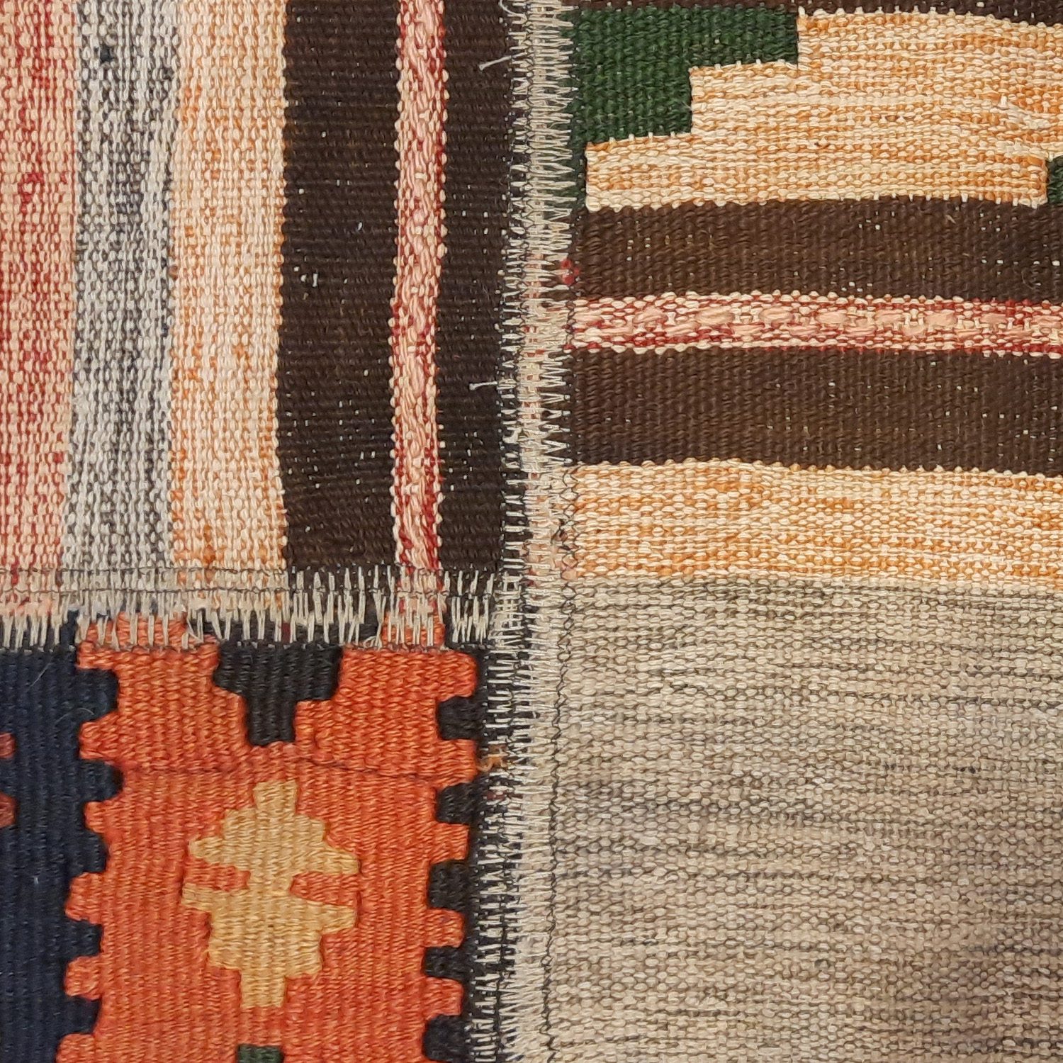 Price and Buy Persian Patchwork Kilim Rug Handwoven Geometric Brown - Image 6