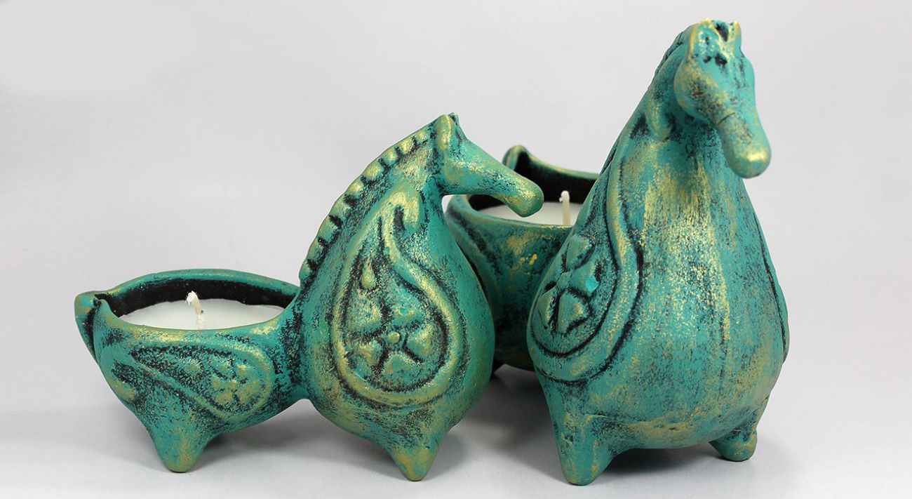 Price and Buy Persian Pottery Candlestick Handmade Set with Horse Design - Image 5