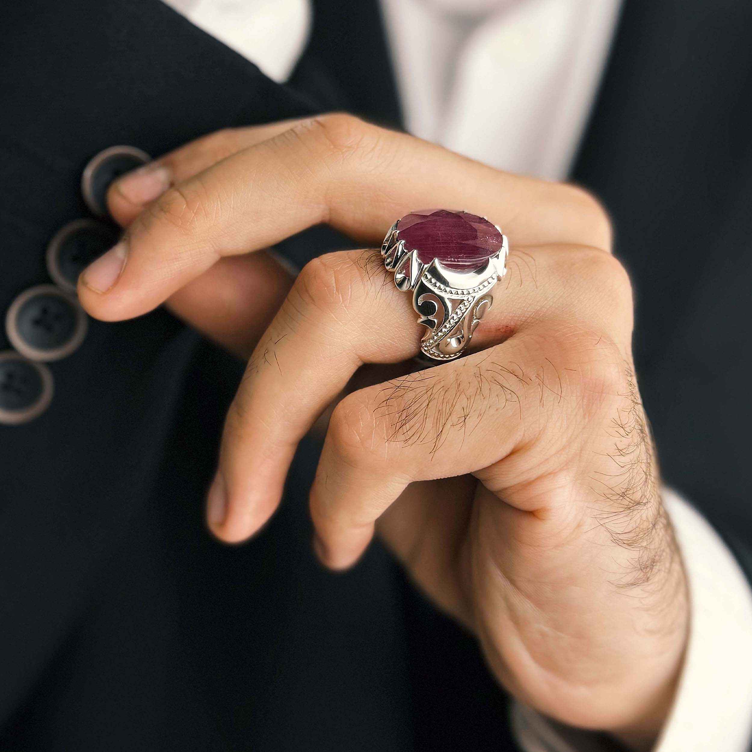 Price and Buy Persian Red Ruby Silver Ring Elegance for Men Handcrafted Model Square - Image 8