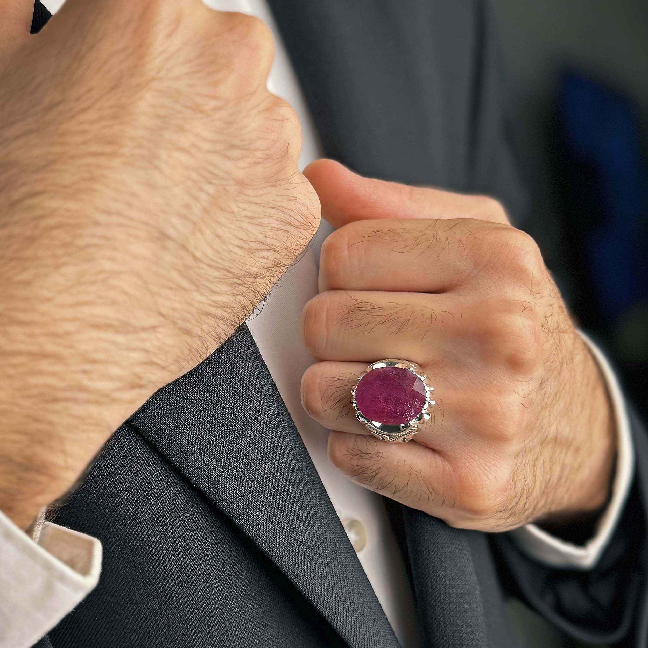 Price and Buy Persian Red Ruby Silver Ring Elegance for Men Handcrafted Model Square - Image 9