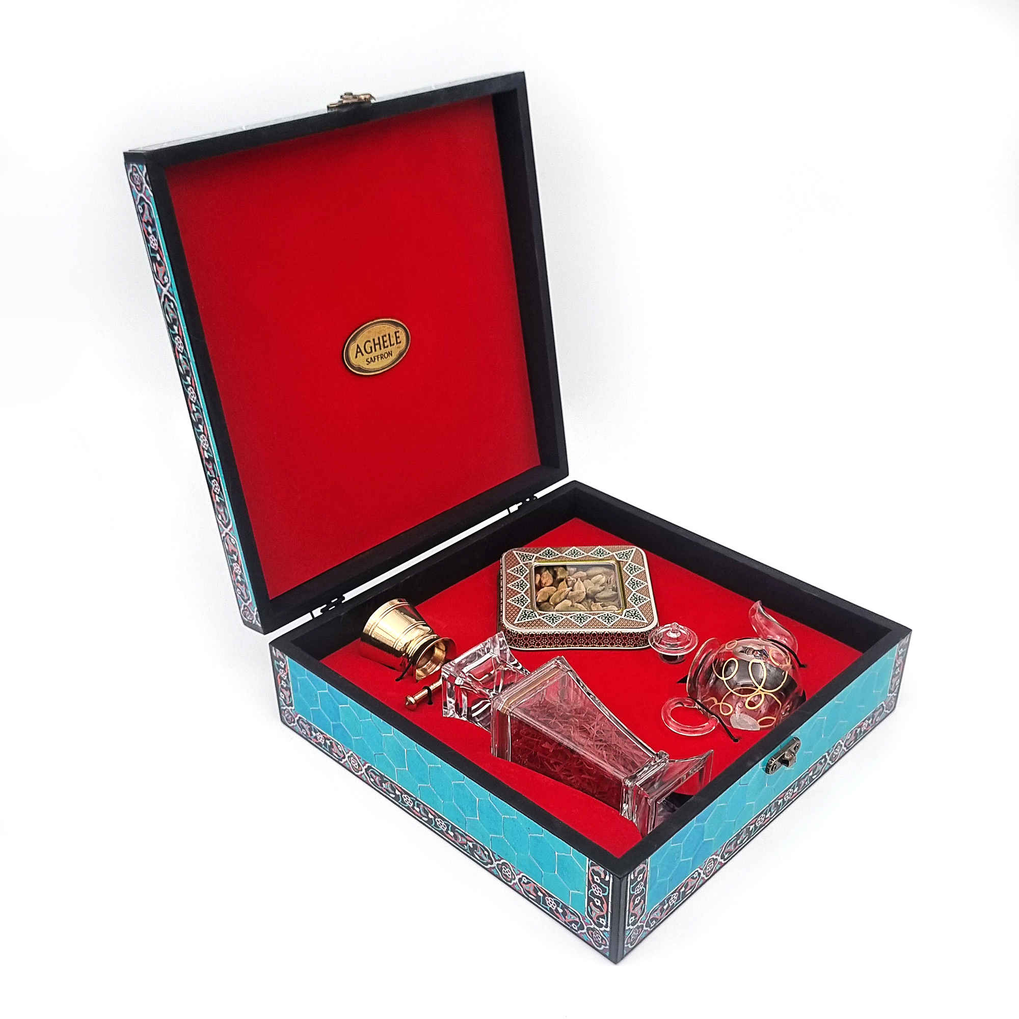 Price and Buy Persian Saffron Gift Box – 5 Grams – Housewarming Set with Cardamom, Teapot & Mortar