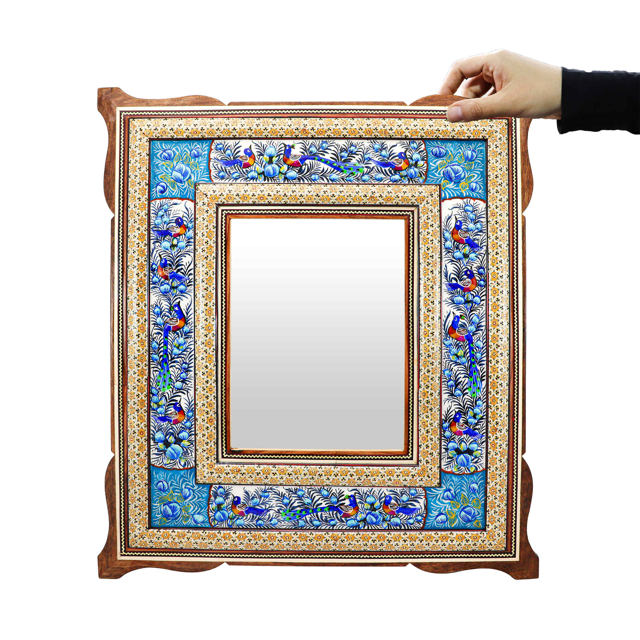 Price and Buy Persian Wooden Mirror Frame – Khatamkari Peacock & Floral Motifs - Image 4