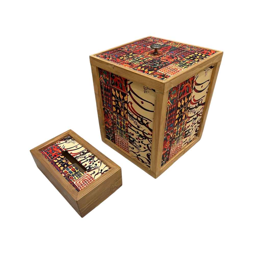 Price and Buy Persian Wooden Waste Basket & Tissue Box Set_68fdafcec4f3b.jpeg Price and Buy Persian Wooden Waste Basket & Tissue Box Set - Image 1
