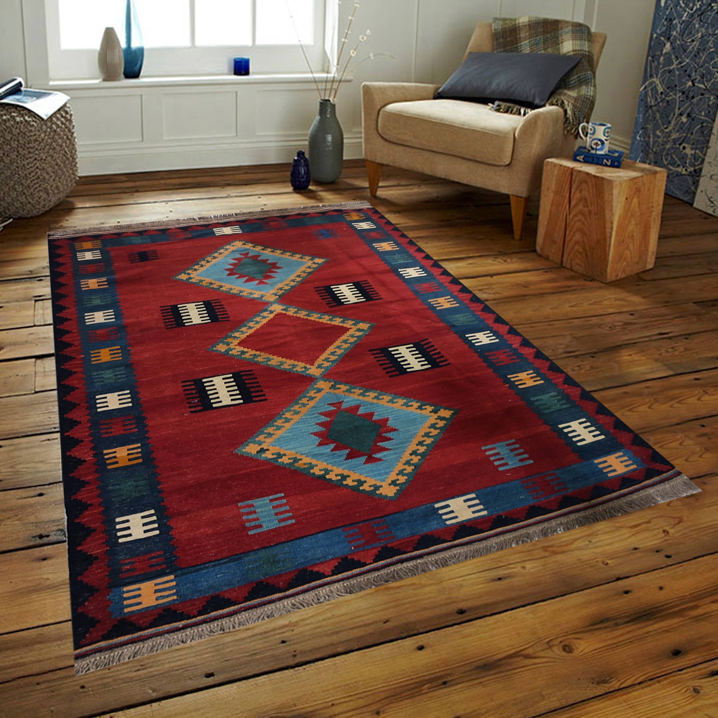 Price and Buy Persian Wool Kilim Rug Handwoven in Shiraz Soumak Red - Image 3