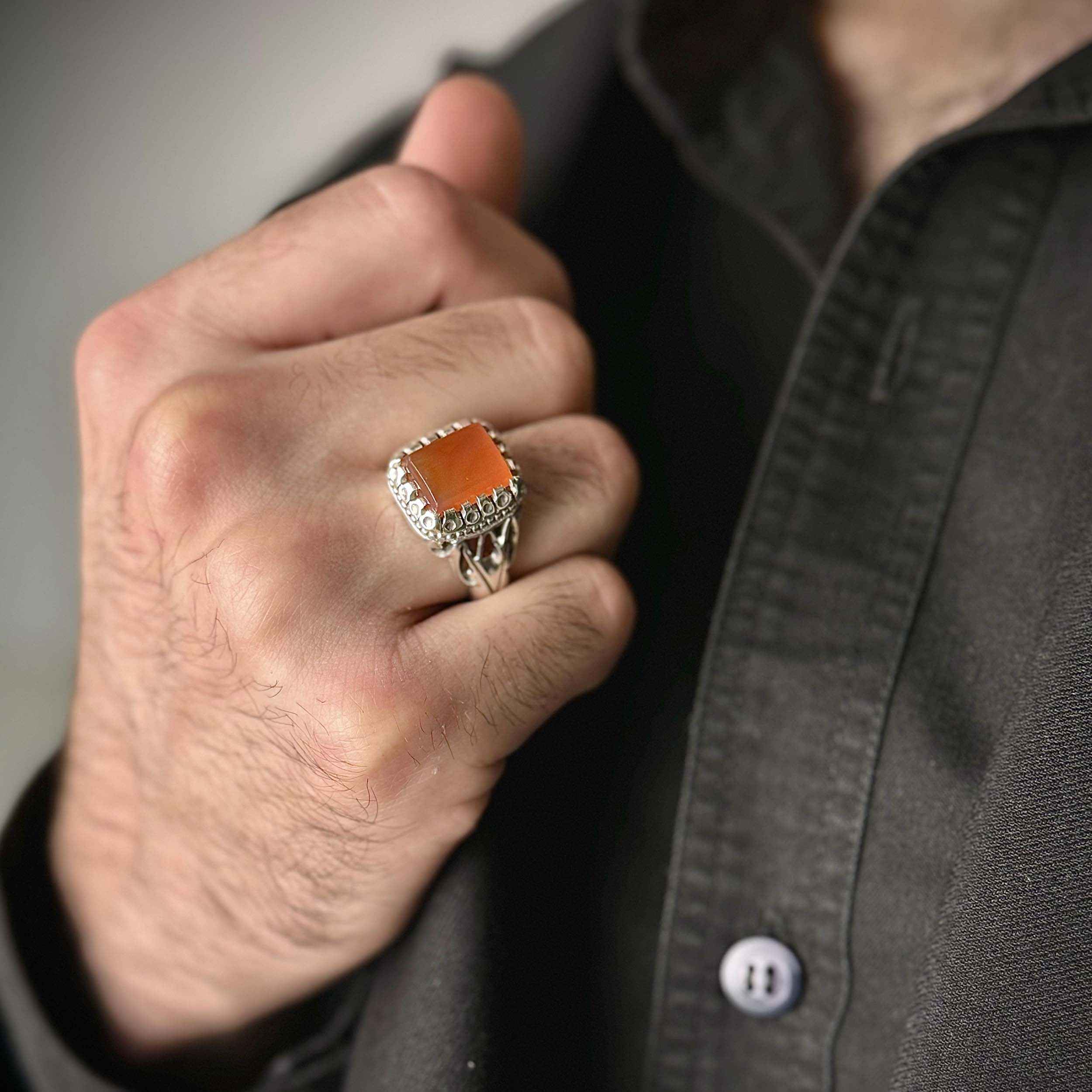 Price and Buy Persian Yemeni Aqeeq Silver Ring for Men Handcrafted - Image 3