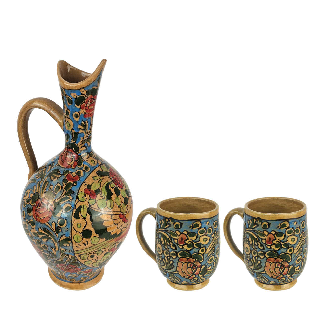Price and Buy Pottery Pitcher and Glass Set with Bird & Flower Design in Turquoise Set of 3_69012009b5eee.jpeg Price and Buy Pottery Pitcher and Glass Set with Bird & Flower Design in Turquoise Set of 3 - Image 1